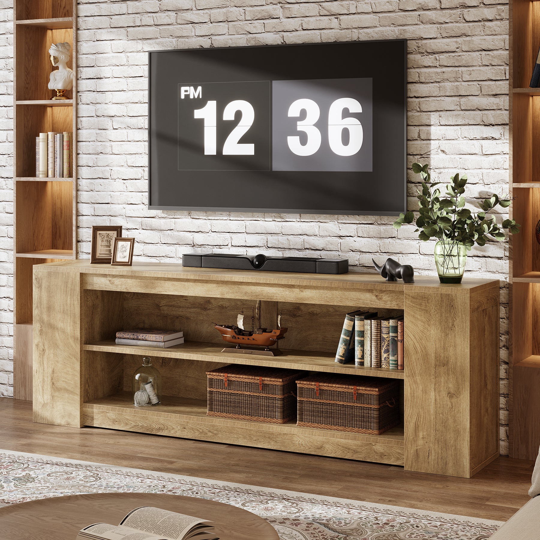 78" LED Light TV Stand for TVs up to 90", 3 Tiers Farmhouse Entertainment Center with Open Storage Shelves