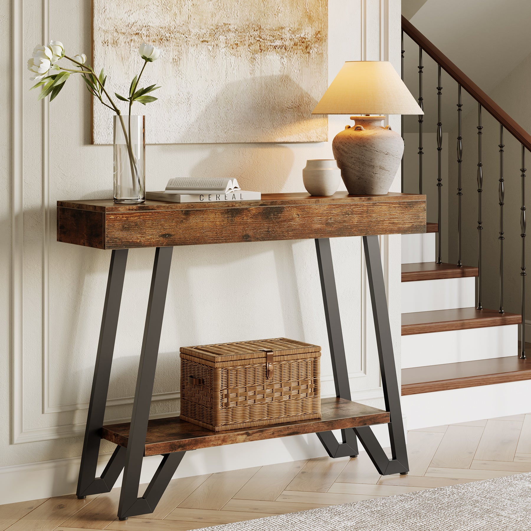 41“ Industrial Console Table with Geometric Metal Frame, 2-Tier Rustic Entryway Sofa Table