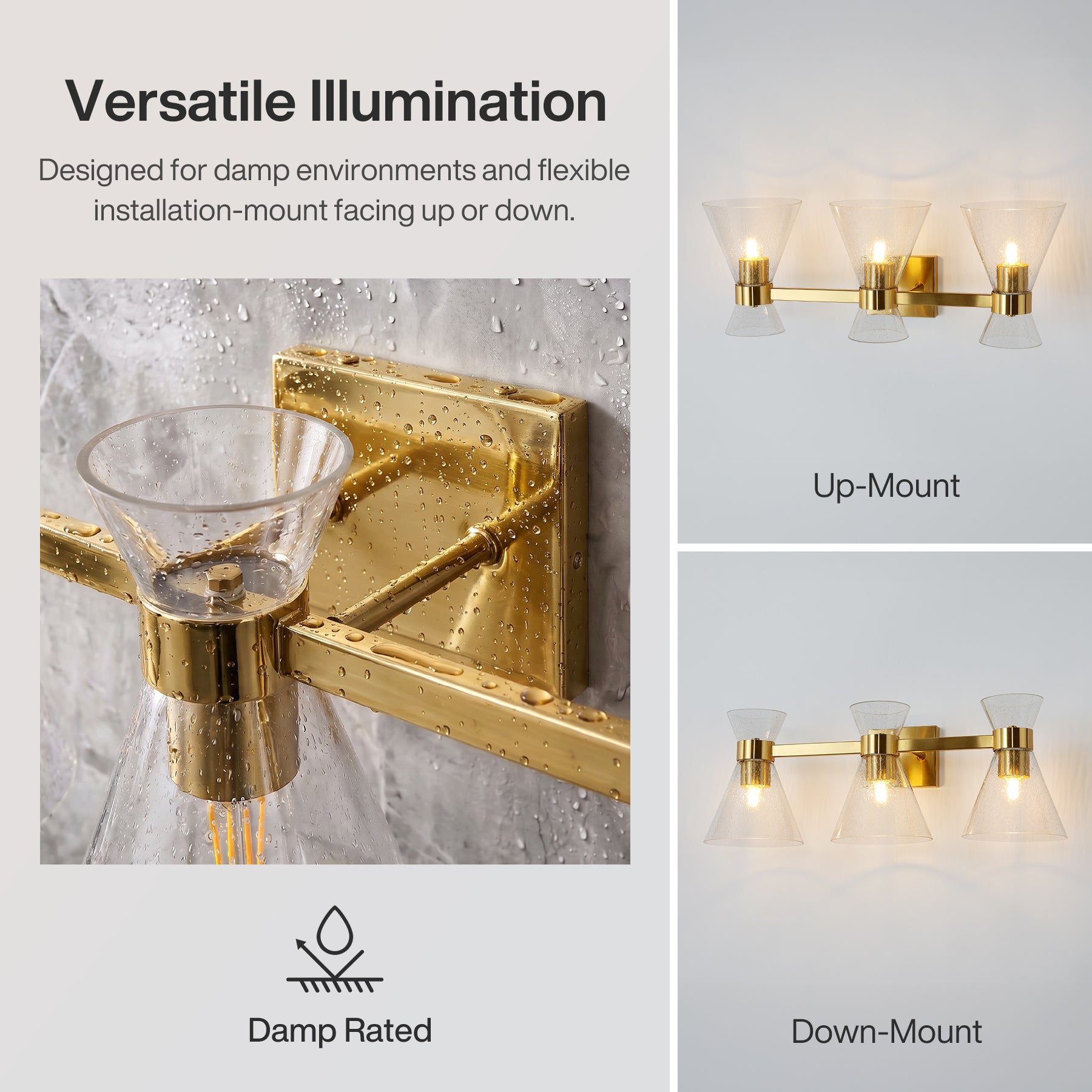 3-Light Bathroom Vanity Light, Seeded Glass Wall Light Fixtures Damp-Rated