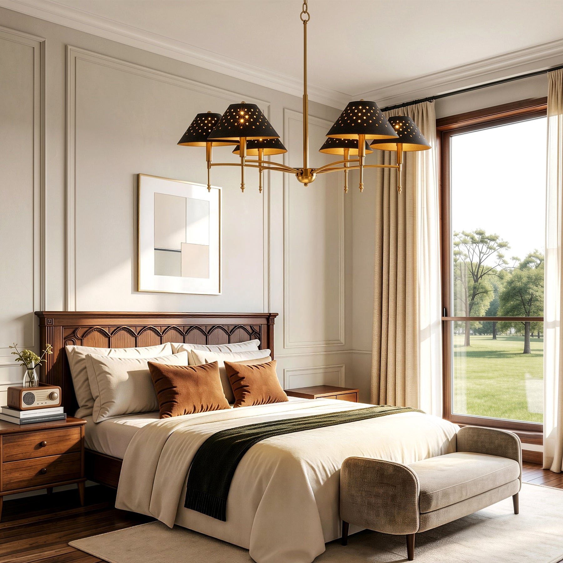6-Light Chandelier with Matte Black Lampshade, 35" Farmhouse Height Adjustable Pendant Light Fixture