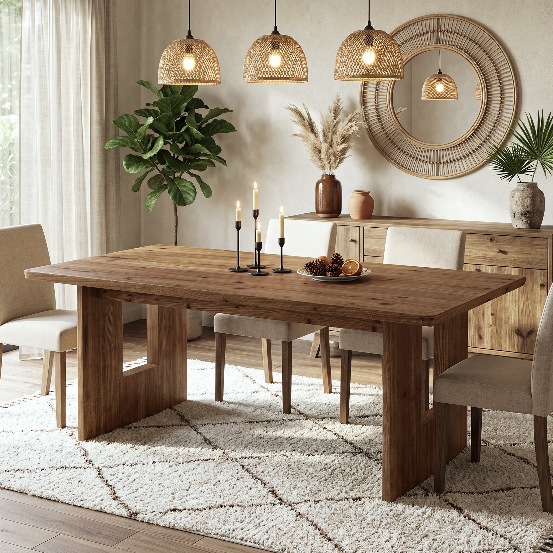 Farmhouse Dining Table, 63" Solid Wood Rectangle Kitchen Table for 4-6