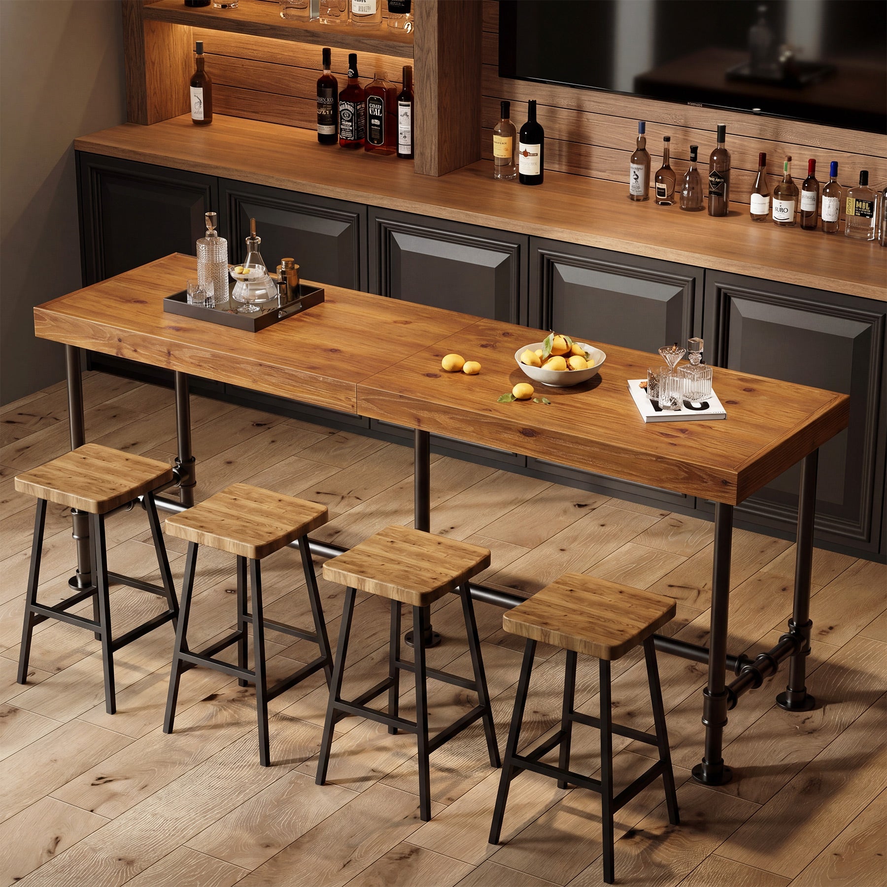 70.87" Solid Wood Bar Table for 6-8 People, Industrial Counter Height Pub Table