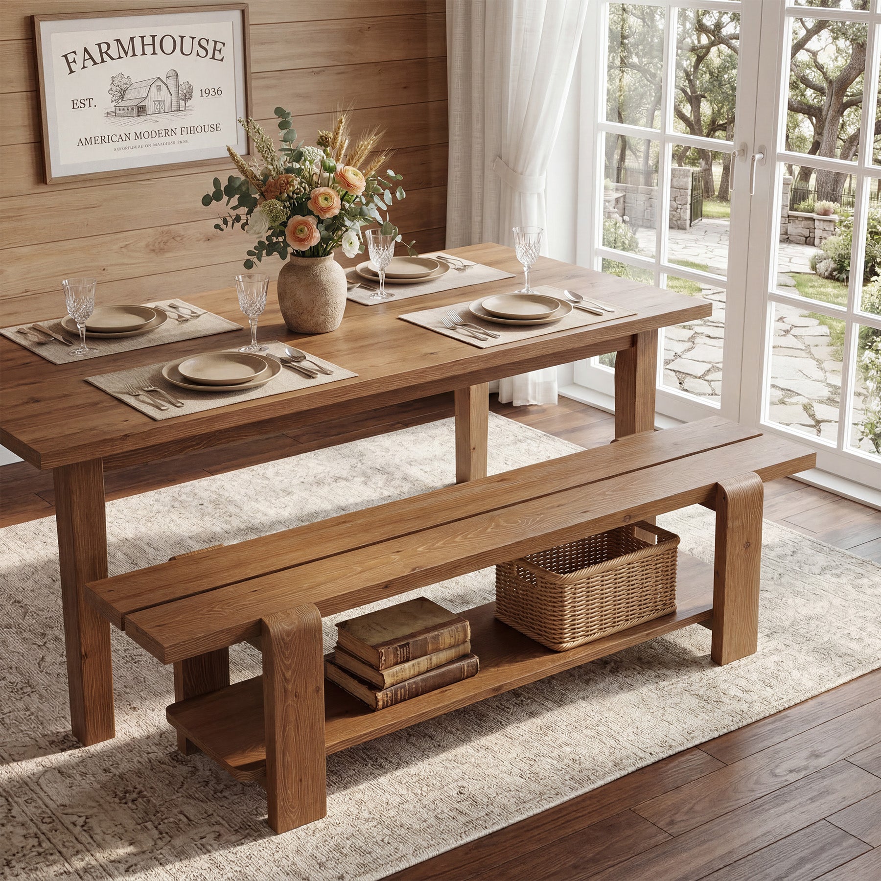 63" Solid Wood Dining Bench, Rustic Kitchen Bench with Storage Shelf