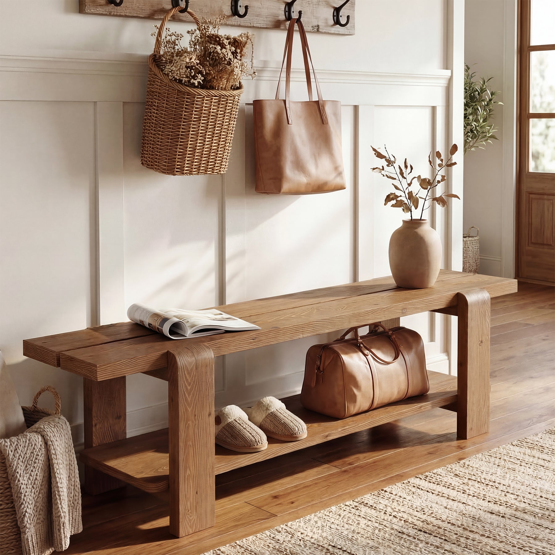 Tribesigns 63" Solid Wood Entryway Bench, Farmhouse Shoe Storage Bench for Hallway