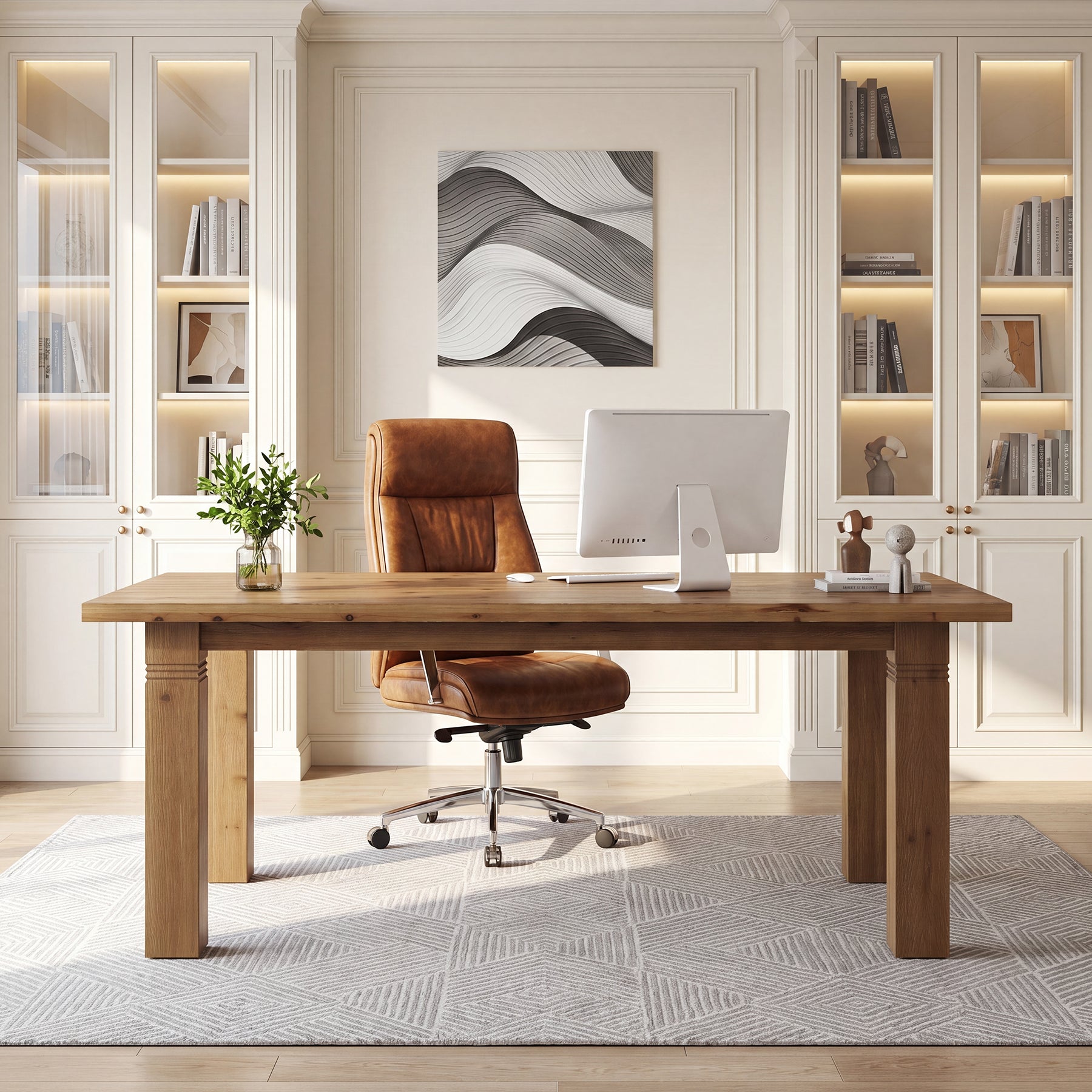 63" Solid Wood Computer Desk, Farmhouse Executive Desk with Heavy-Duty Legs