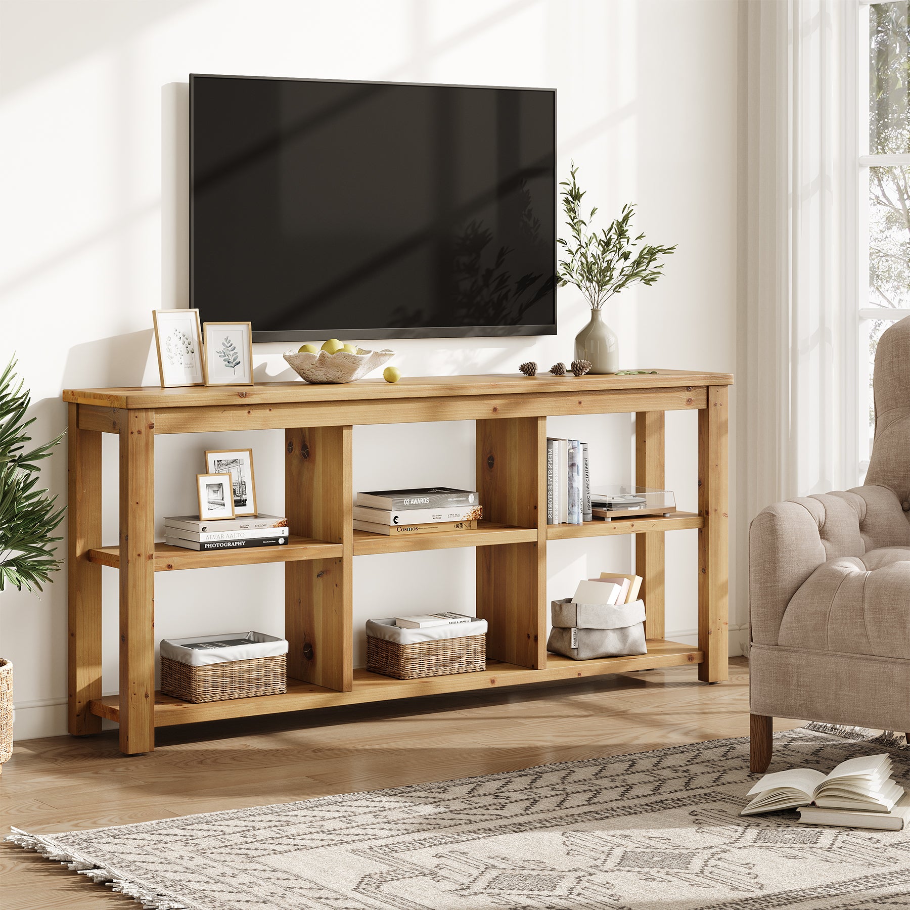 63" Console Table, 3-Tier Solid Wood Sofa Table with 6 Storage Cubes