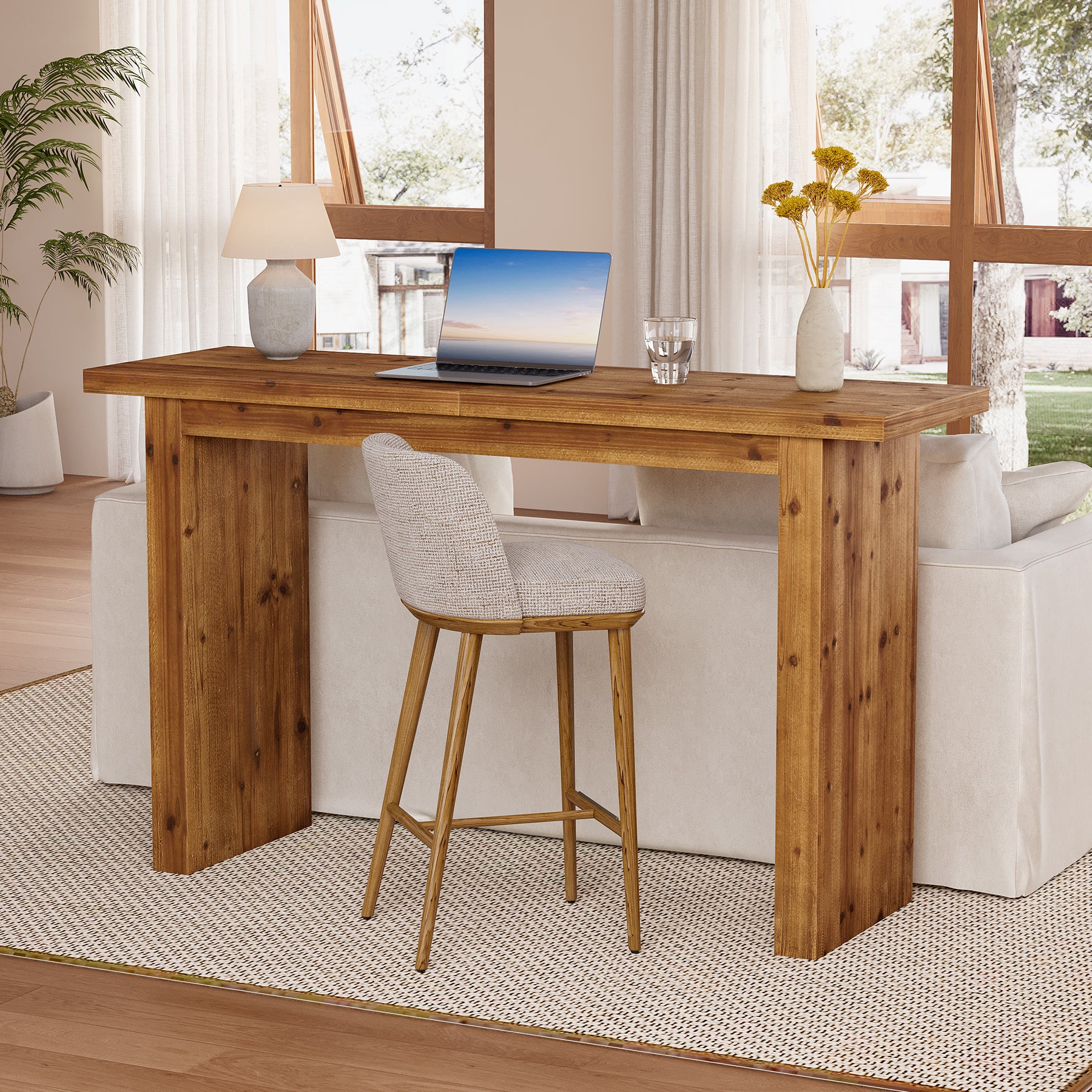 Solid Wood Bar Table, 63" Counter Height Pub Table with Sturdy Base