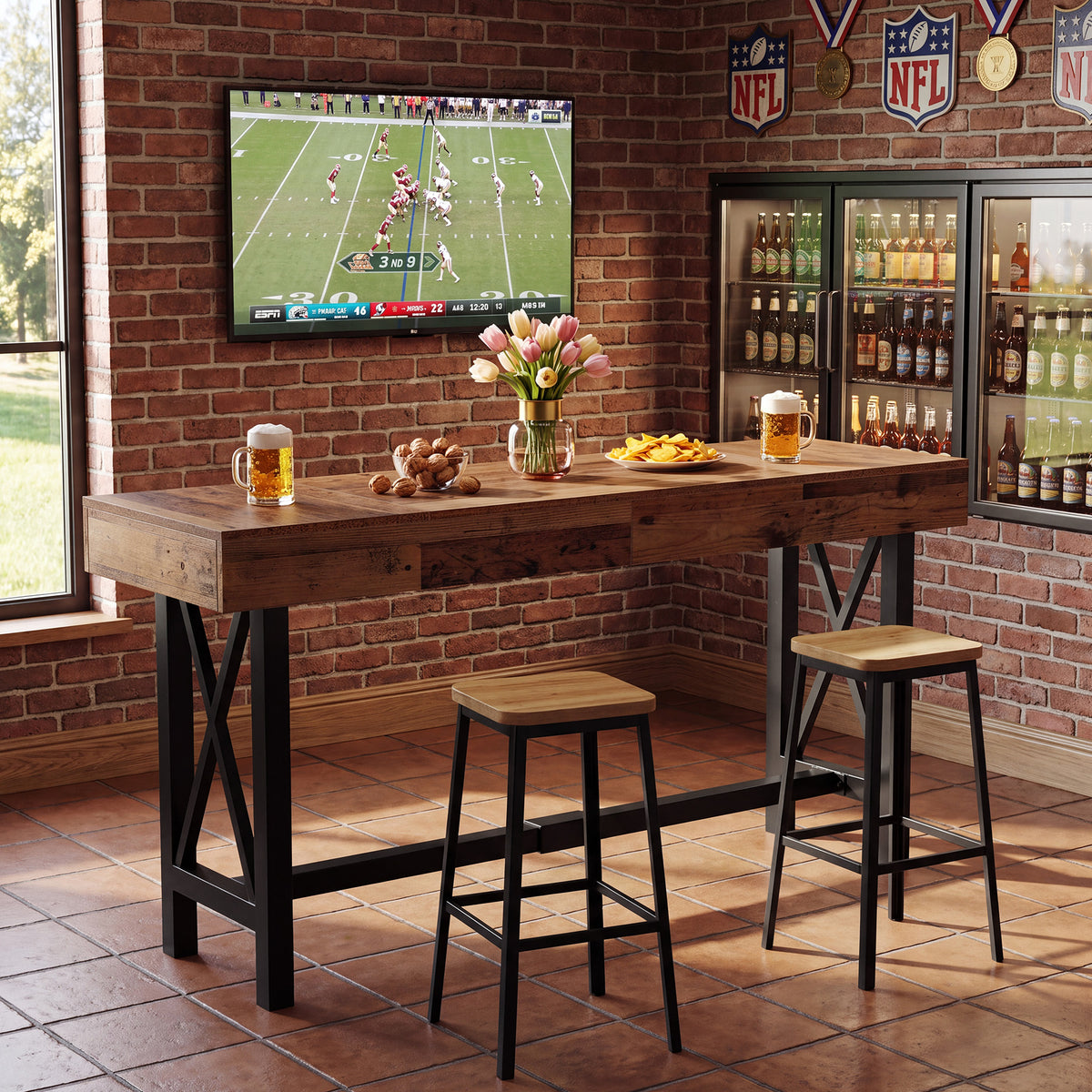 71" Counter Height Bar Table, Industrial Rectangular Pub Table with Metal Footrest