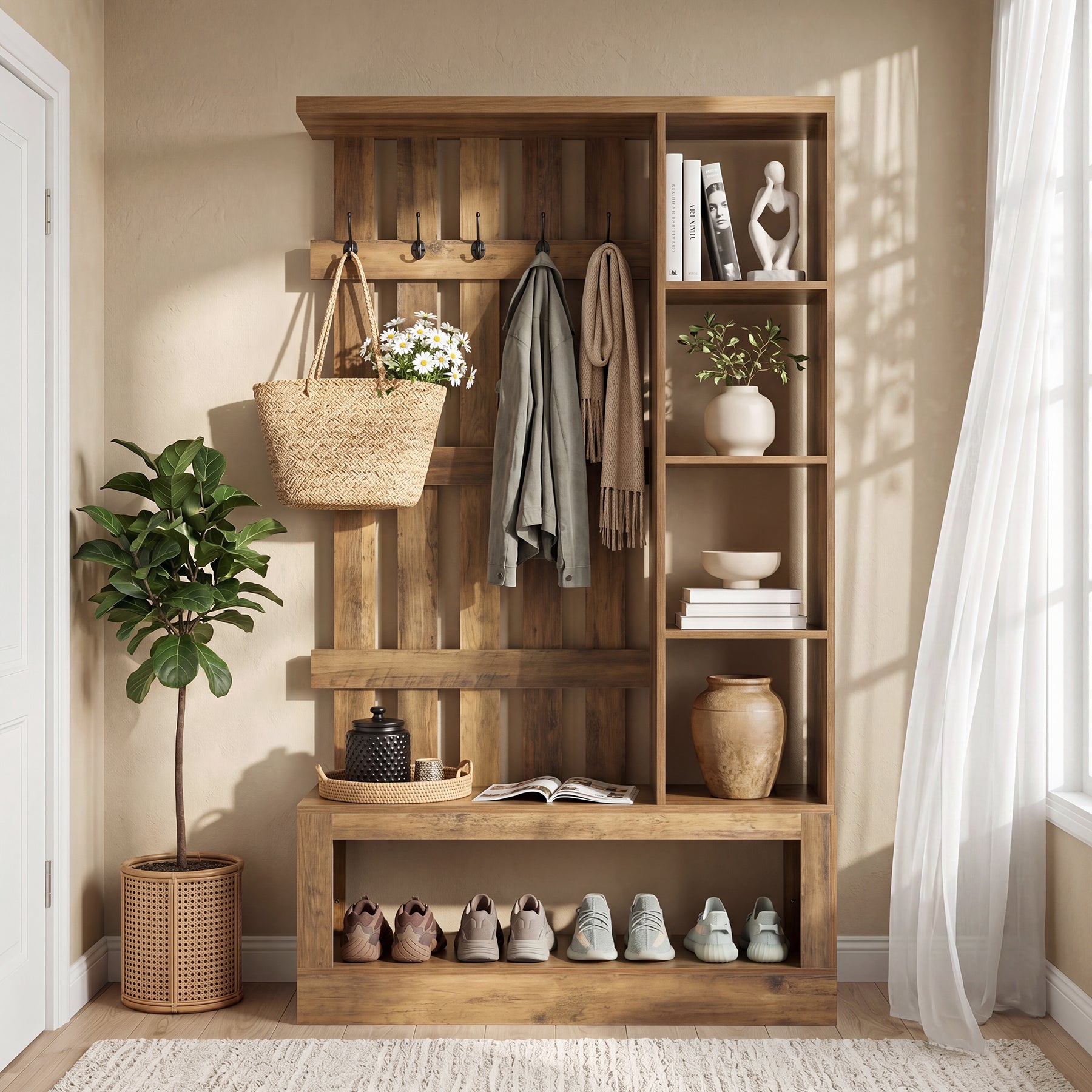 4-In-1 Farmhouse Hall Tree, 70.87" Entryway Coat Rack with Storage Bench