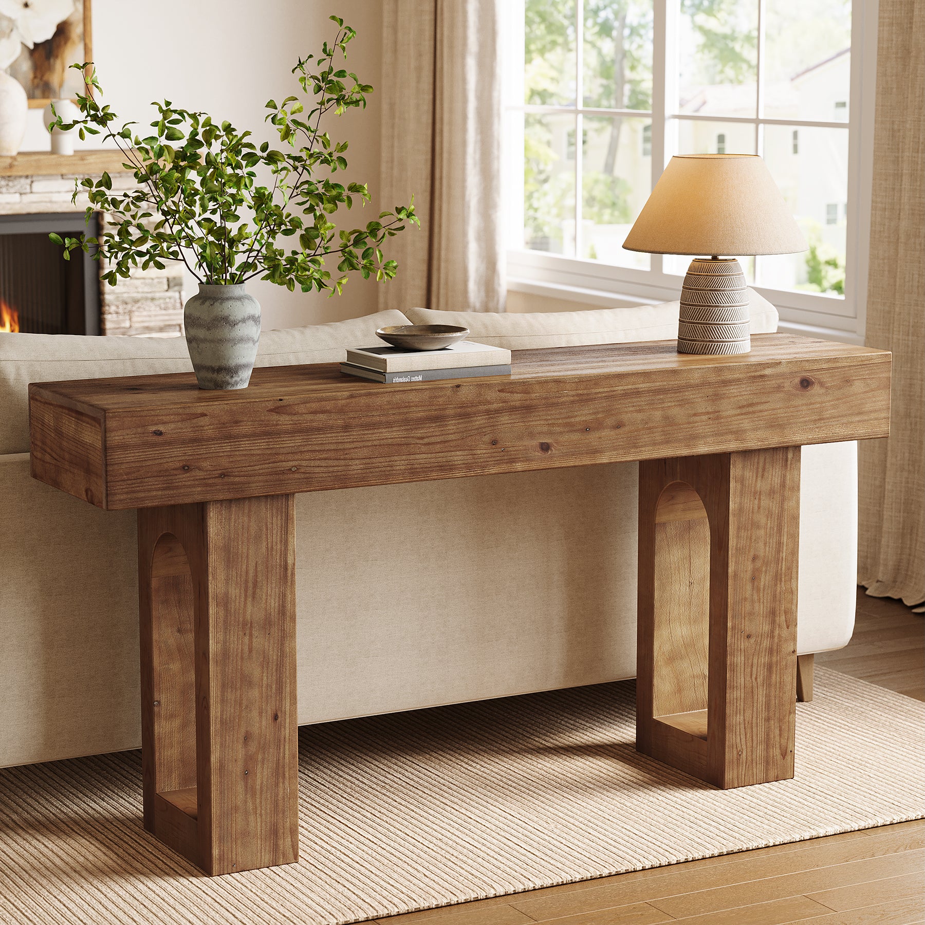 Solid Wood Console Table, 63" Farmhouse Entryway Sofa Table Behind Couch