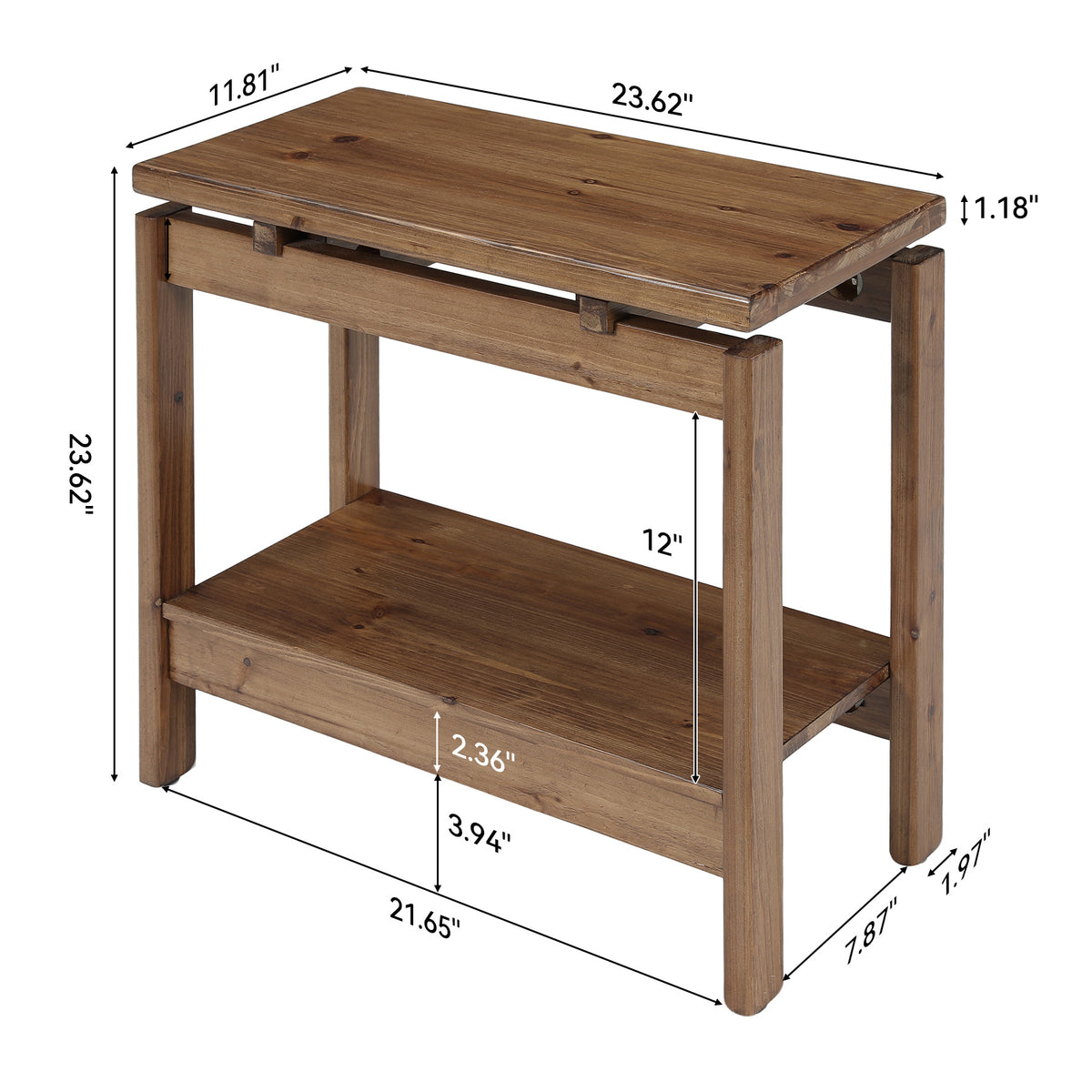 24" Narrow Solid Wood 2-Tier End Table, Small Nightstand Bedside Table, Bedroom