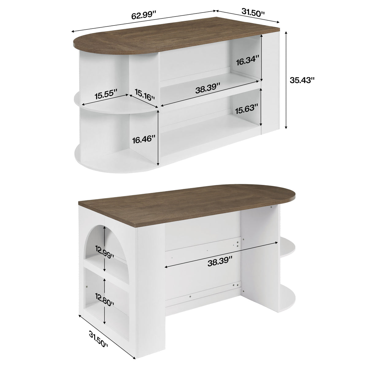 63" Oval Kitchen Island with Storage, Two-Tone Arch Design Bar Table, Prep Table