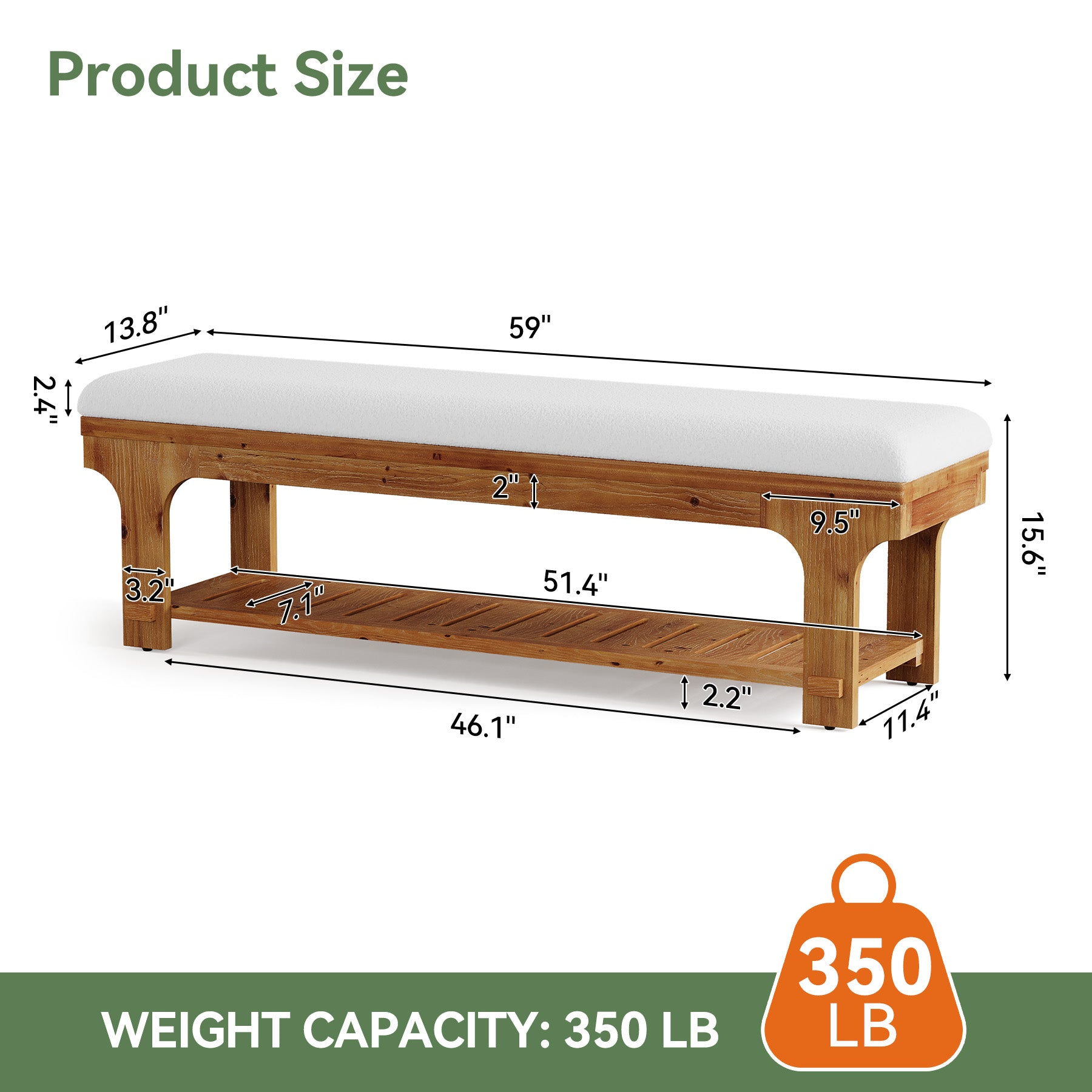 59" End of Bed Bench with Boucle Cushion & Storage Shelf, Rustic Solid Wood, Bedroom Hallway