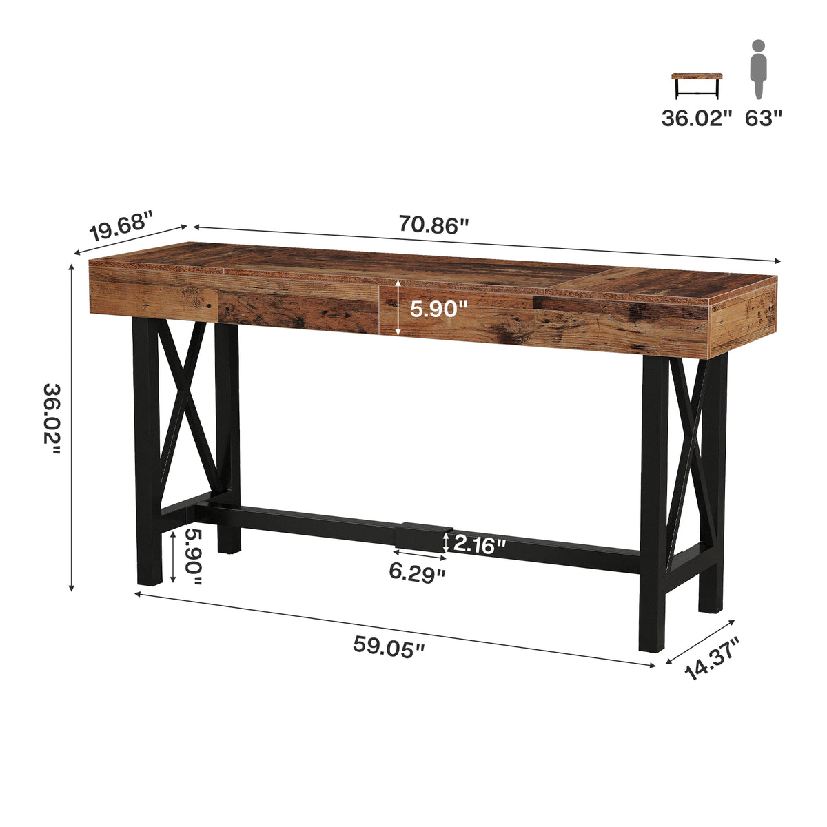 71" Counter Height Bar Table, Industrial Rectangular Pub Table with Metal Footrest