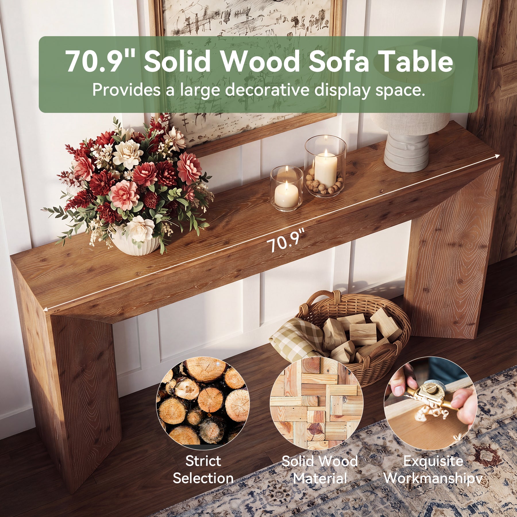 70.9"Solid Wood Console Table, Farmhouse Entryway Table with Hidden Back Storage for Hallway