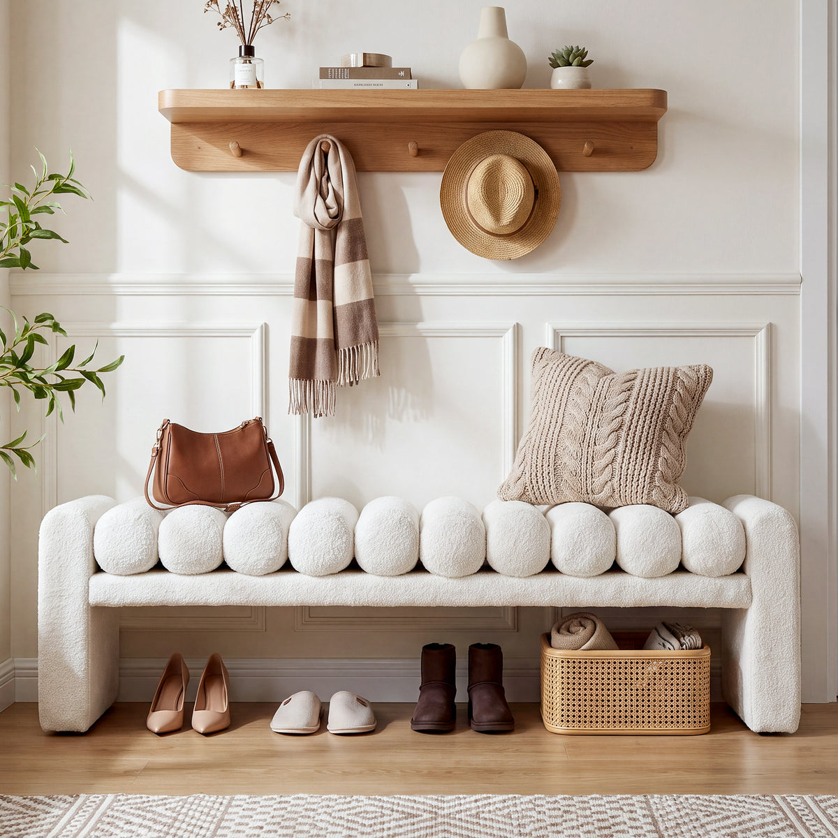 63" Modern Upholstered Entryway Bench with Removable Faux Lamb Wool Roll Cushions