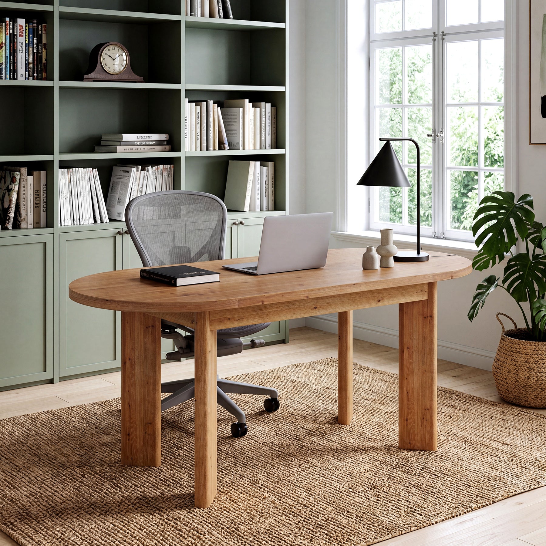 63" Oval Executive Desk, Office Solid Wood Computer Desk with Reinforced Frame