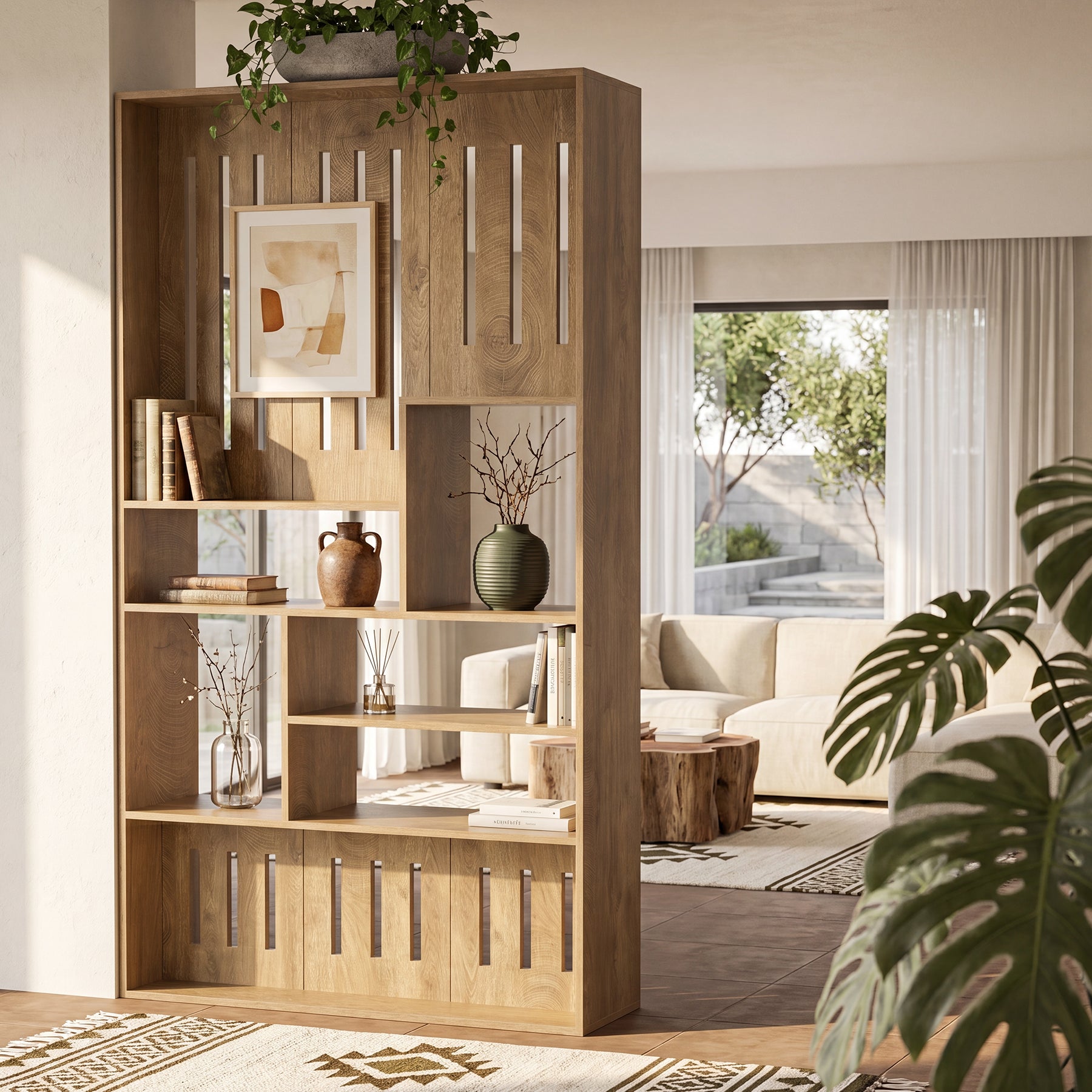 70.9" Wall Room Divider with Staggered Shelves, Freestanding Wall Partition for Living Room, Bedroom