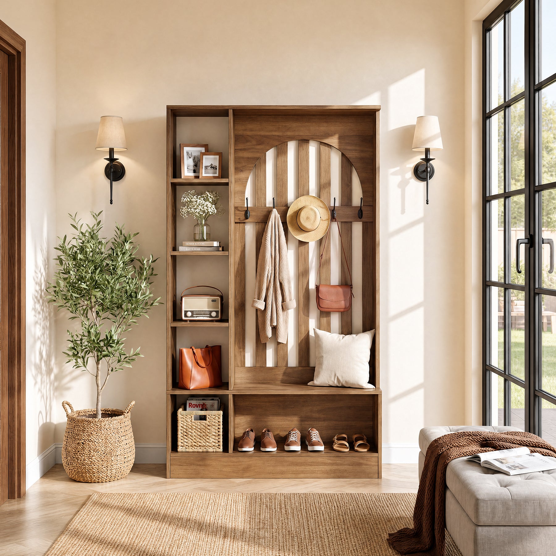 70.9" Freestanding Hall Tree, Furniture Organizer with Bench and Coat Rack
