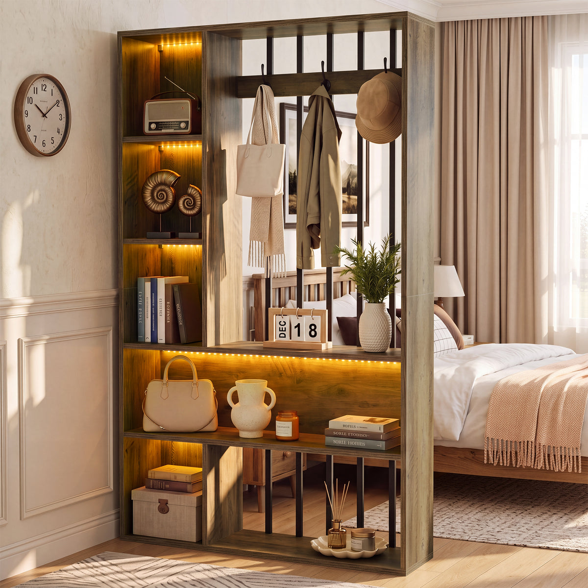 71" Modern Wood Room Divider with Shelves, Coat Hooks & LED Light, Freestanding