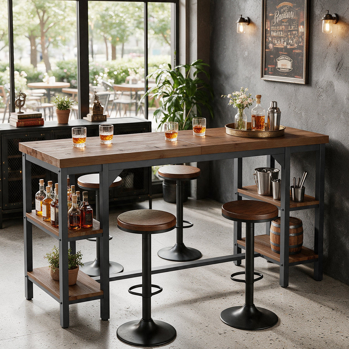 79" Industrial Bar Height Table with 2-Tier Side Storage, Rectangular Pub Table