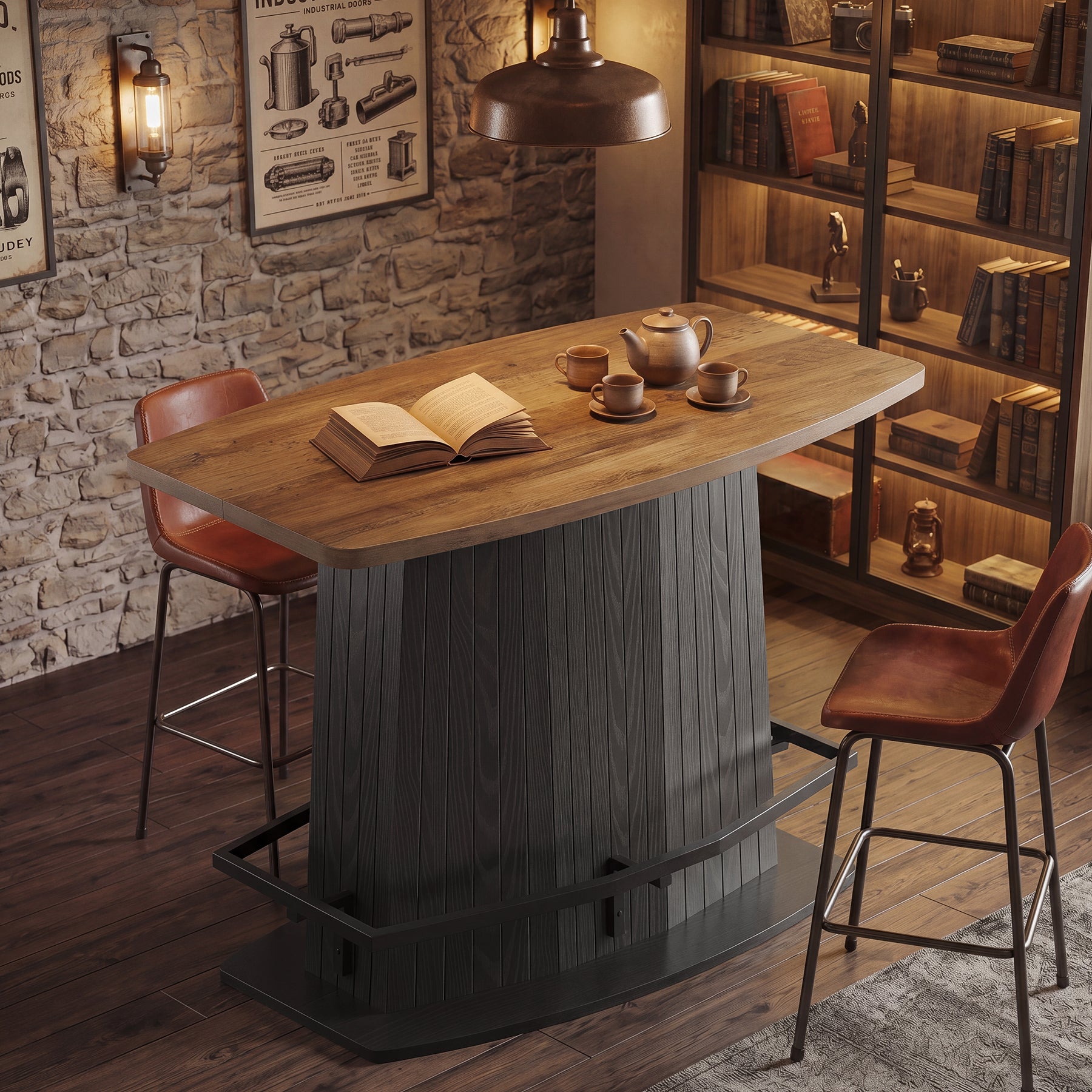 47" Bar Table, Industrial Counter Height Pub Table with Fluted Pedestal Base