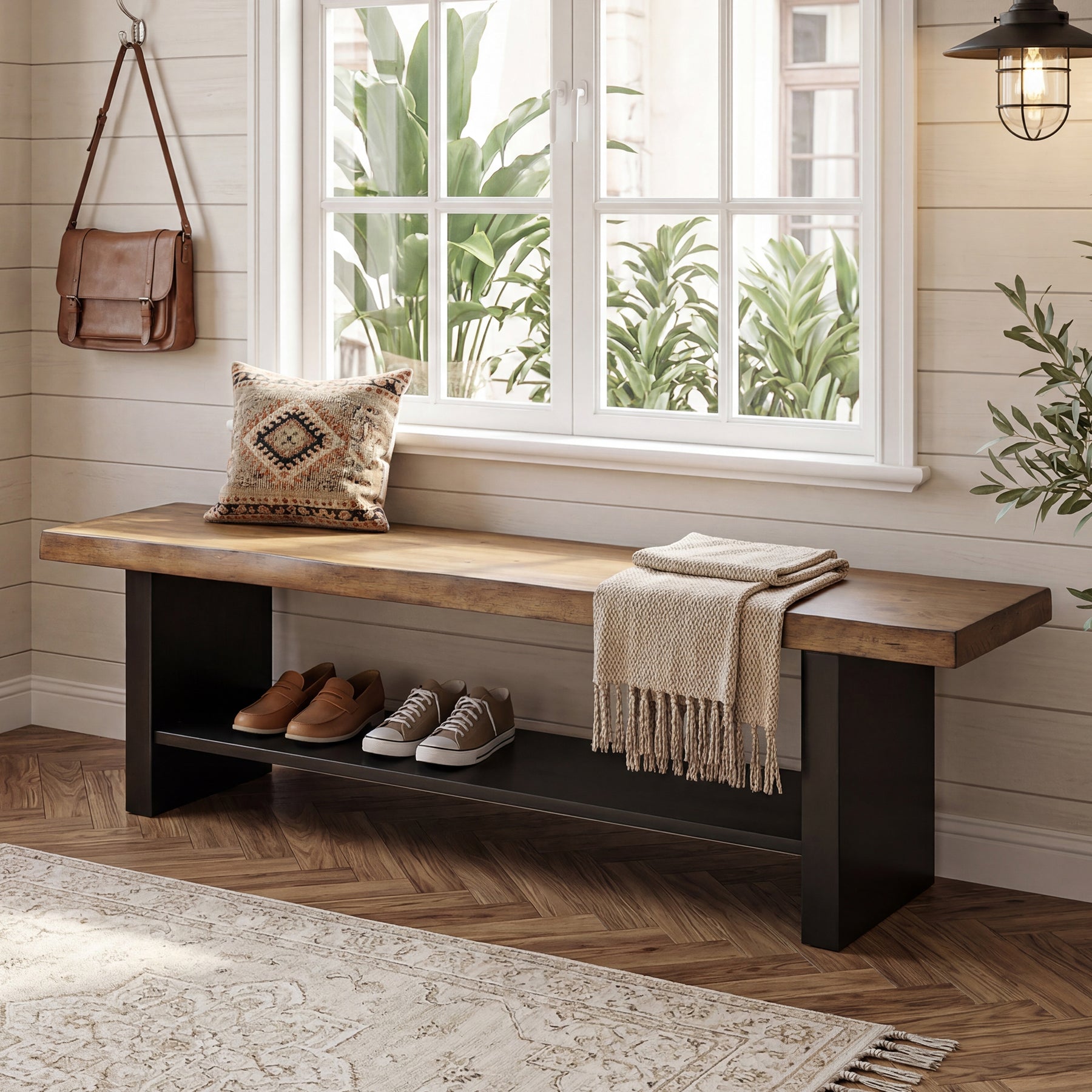 55" Solid Wood Entryway Bench, 2-Tier Farmhouse Bench with Shoe Storage