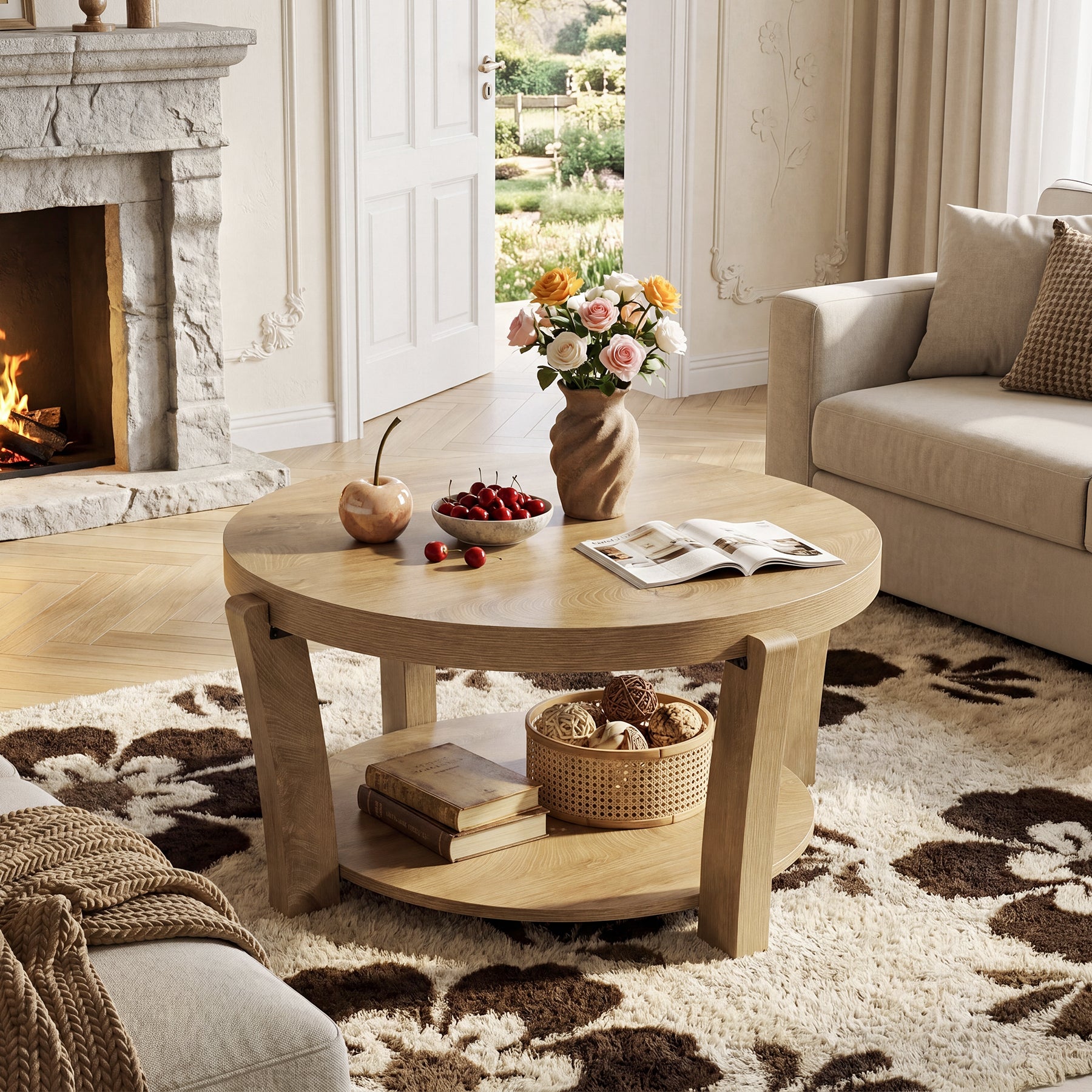 31.5" Round Coffee Table, Farmhouse Center Table with Storage, Easy Assembly