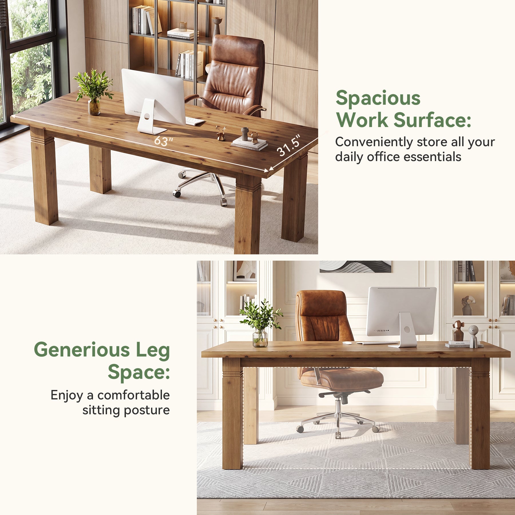 63" Solid Wood Computer Desk, Farmhouse Executive Desk with Heavy-Duty Legs