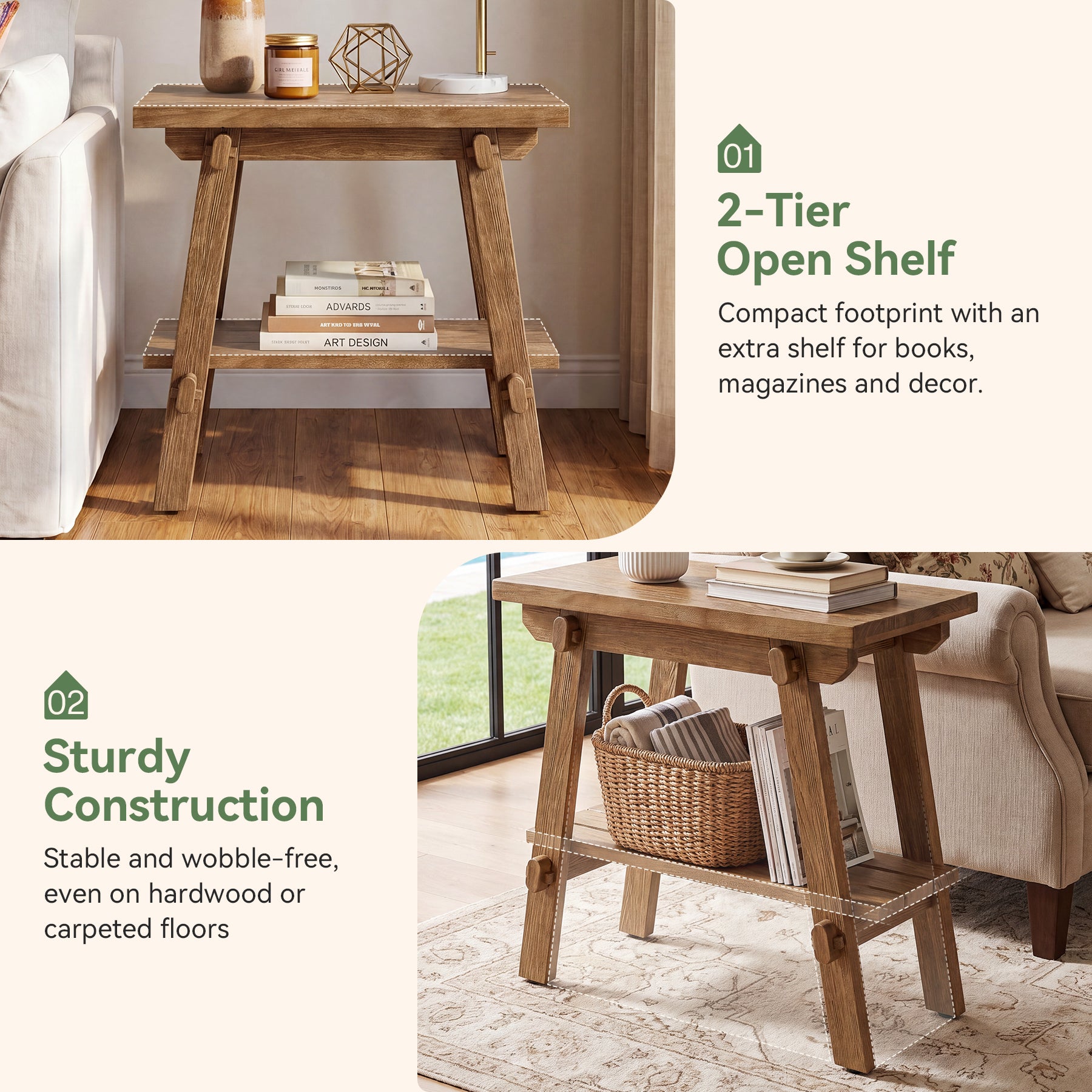 Solid Wood End Table, 23.6" Narrow Couch Side Table Nightstand for Small Spaces