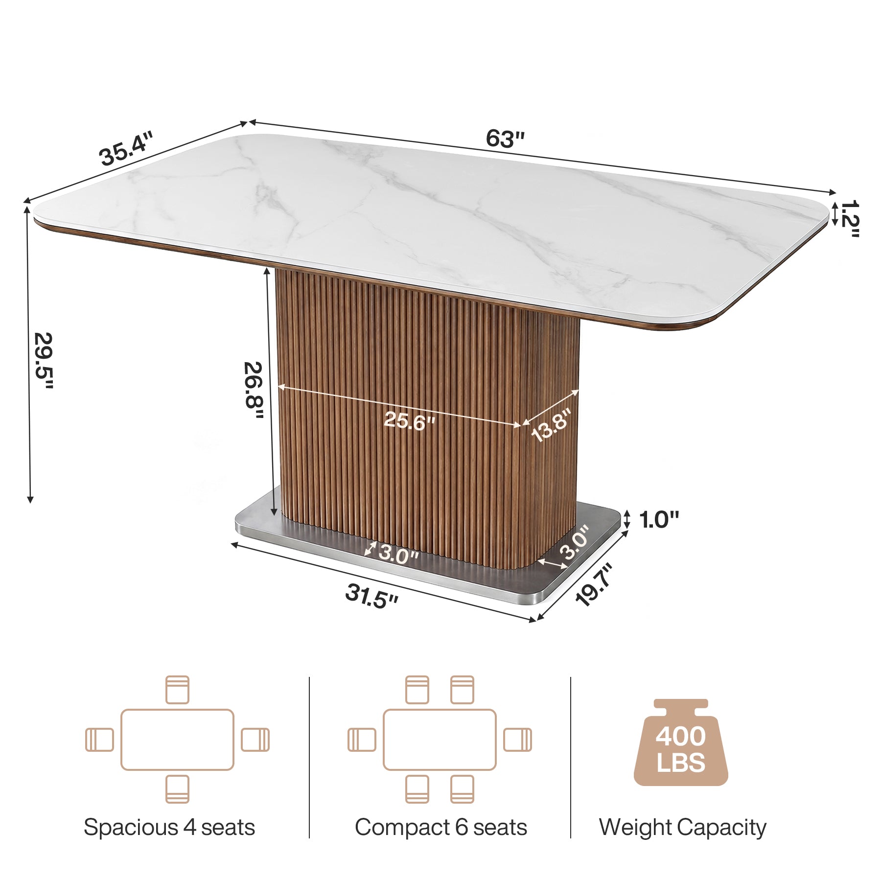 63" Sintered Stone Dining Table, Rectangle Kitchen Table with Solid Wood Fluted Base for 4-6