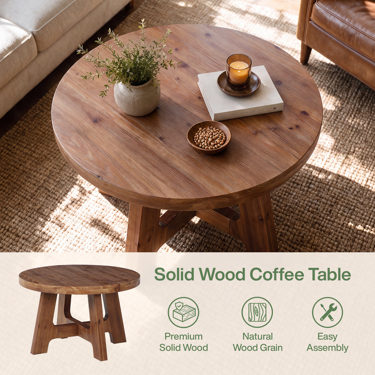 32" Round Solid Wood Coffee Table, Farmhouse 2" Thick Top & Tapered Legs