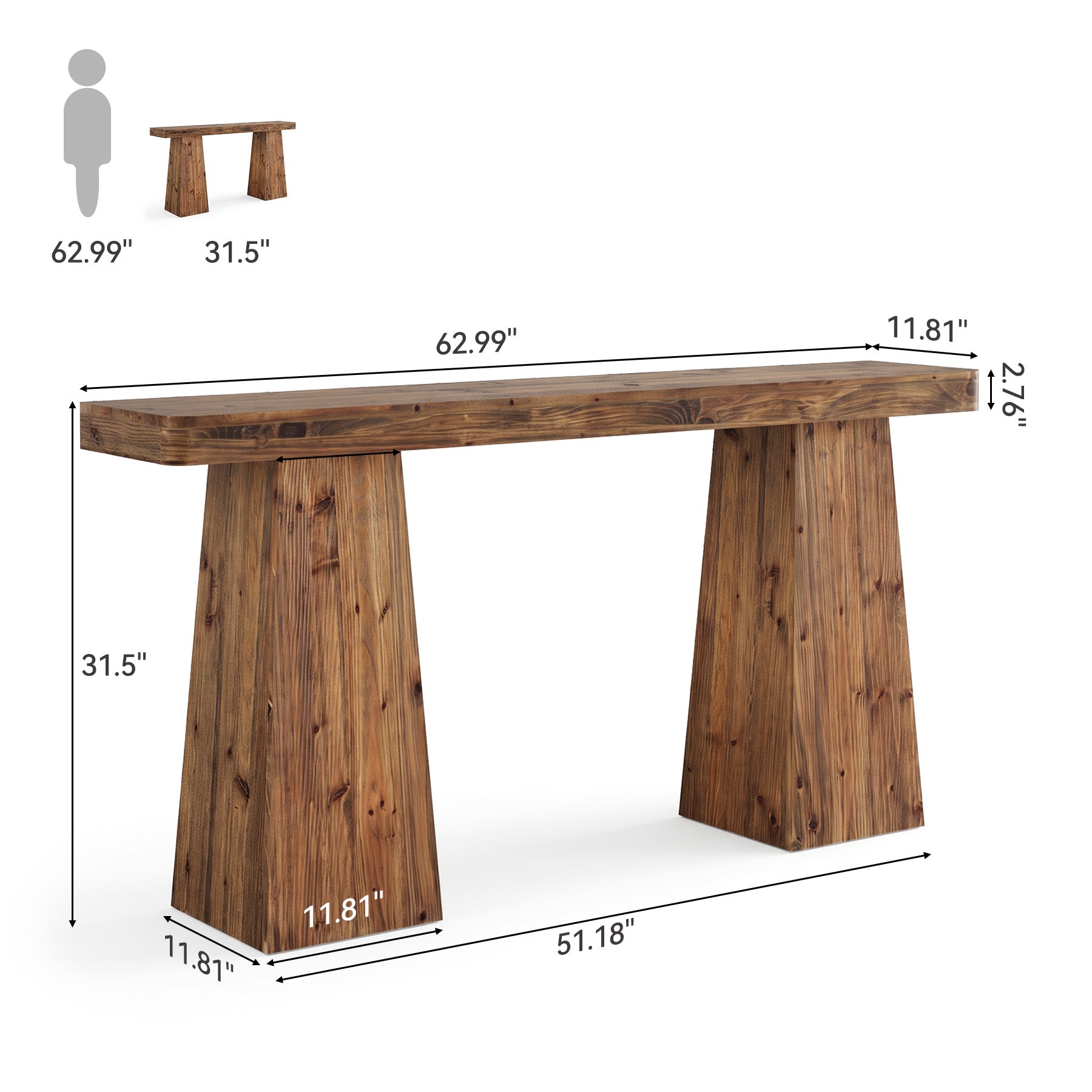 63" Farmhouse Console Table, Solid Wood Sofa Table Behind Couch with Extra-wide Legs