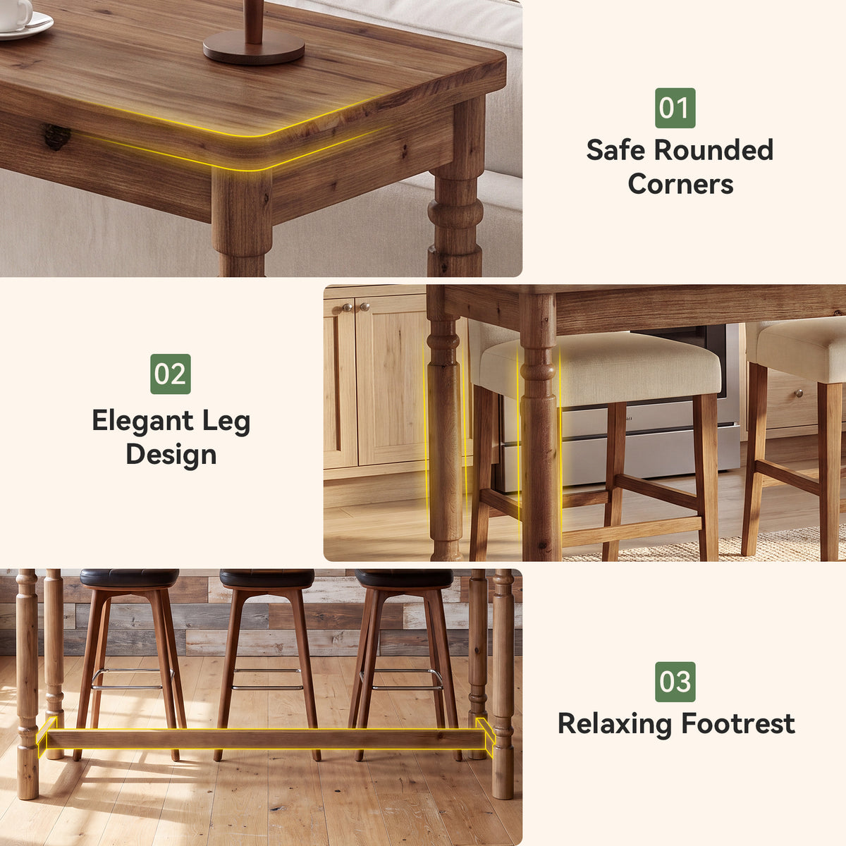 63" Solid Wood Bar Table for 4-6 with Footrest, Kitchen & Home Bar Pub Table