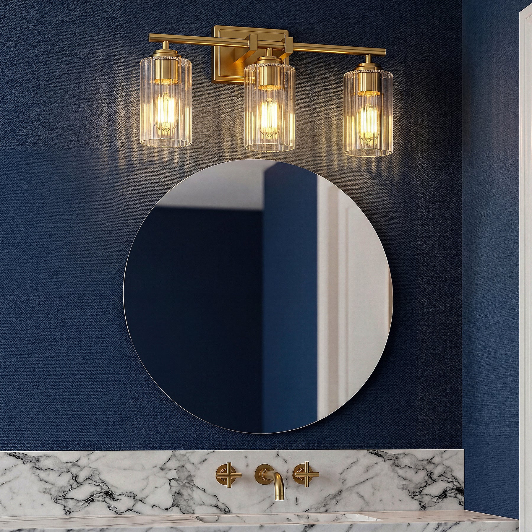 3-Light Bathroom Lighting, Adjustable Vanity Wall Sconce with Ribbed Glass Shades