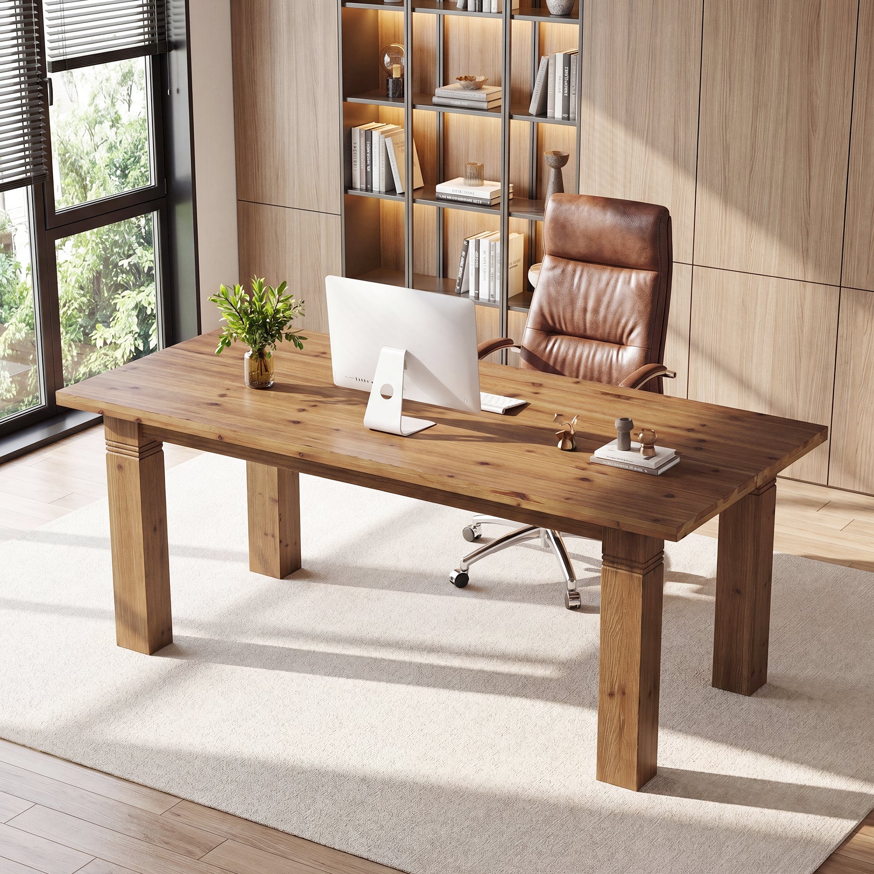 63" Solid Wood Computer Desk, Farmhouse Executive Desk with Heavy-Duty Legs