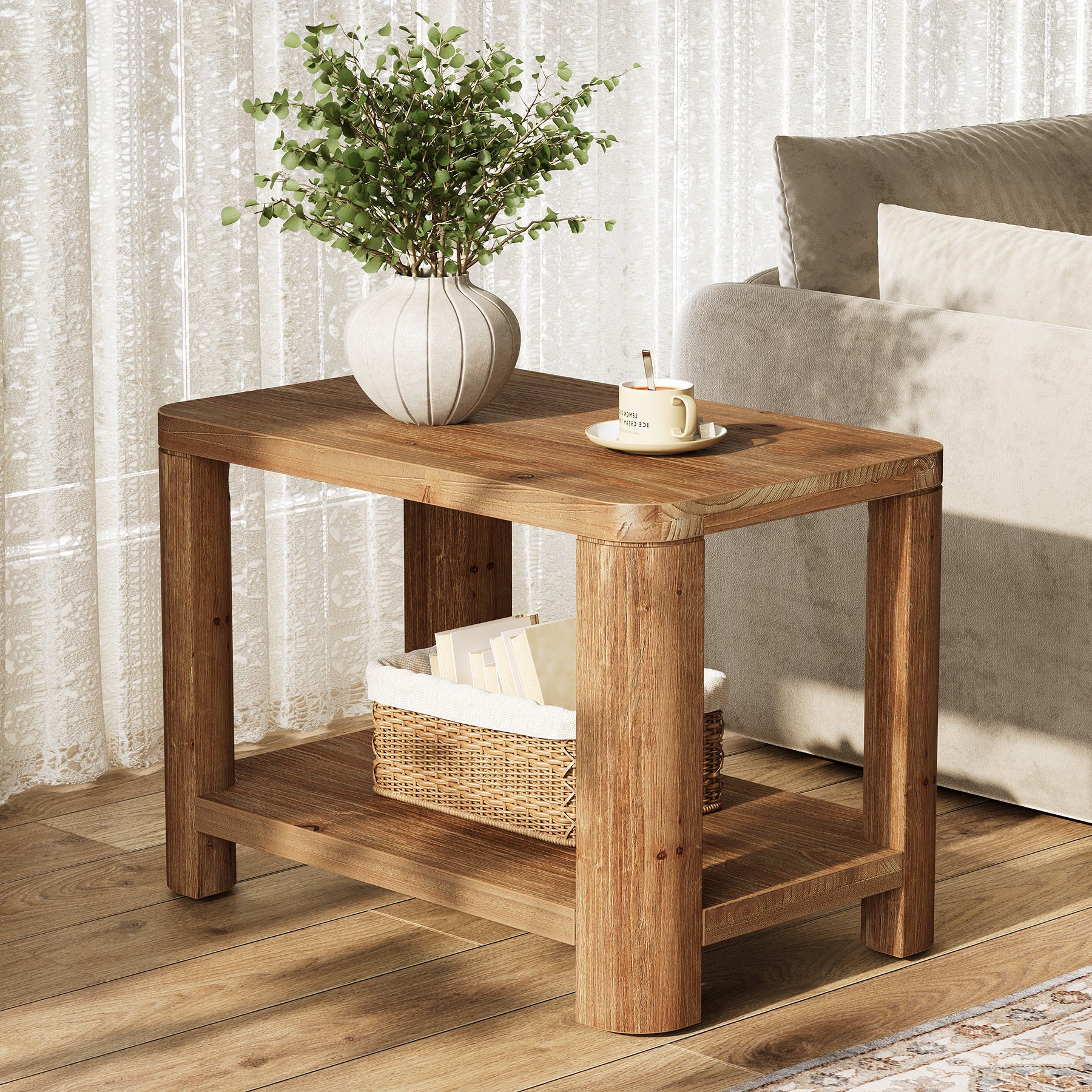 Solid Wood End Table, Rectangle Side Table Nightstand with 2-Tier Shelf