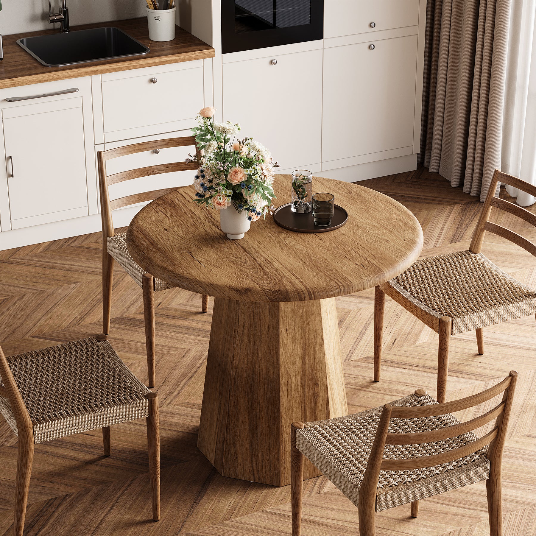 31.5" Round Dining Table for 4, Small Kitchen Table with Octagonal Base for Dining Room