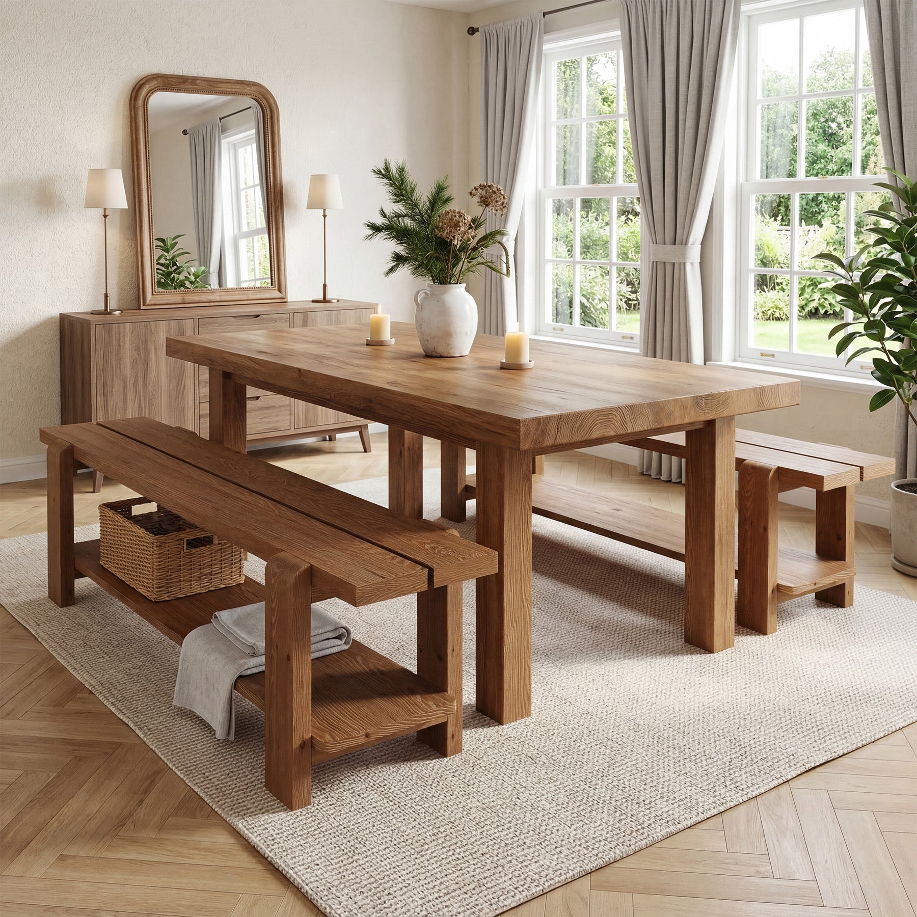 63" Solid Wood Dining Bench, Rustic Kitchen Bench with Storage Shelf