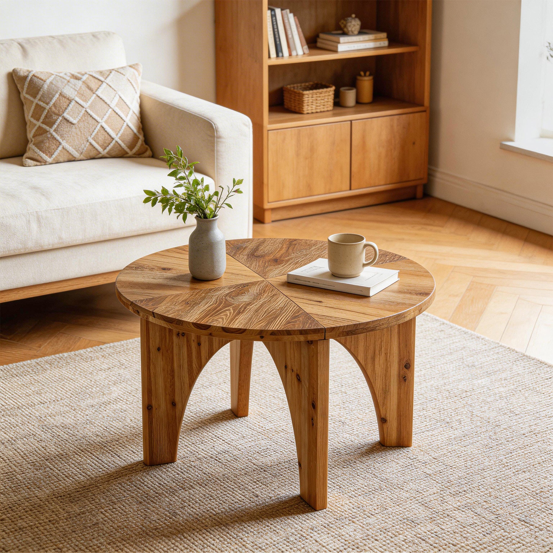 31.5" Round Coffee Table, Farmhouse Solid Wood Center Table with Curved Legs