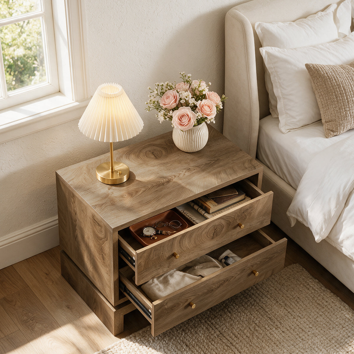 31.5" Oversized Nightstands with 2 Drawers, Farmhouse Bedside Table with U-Shaped Base
