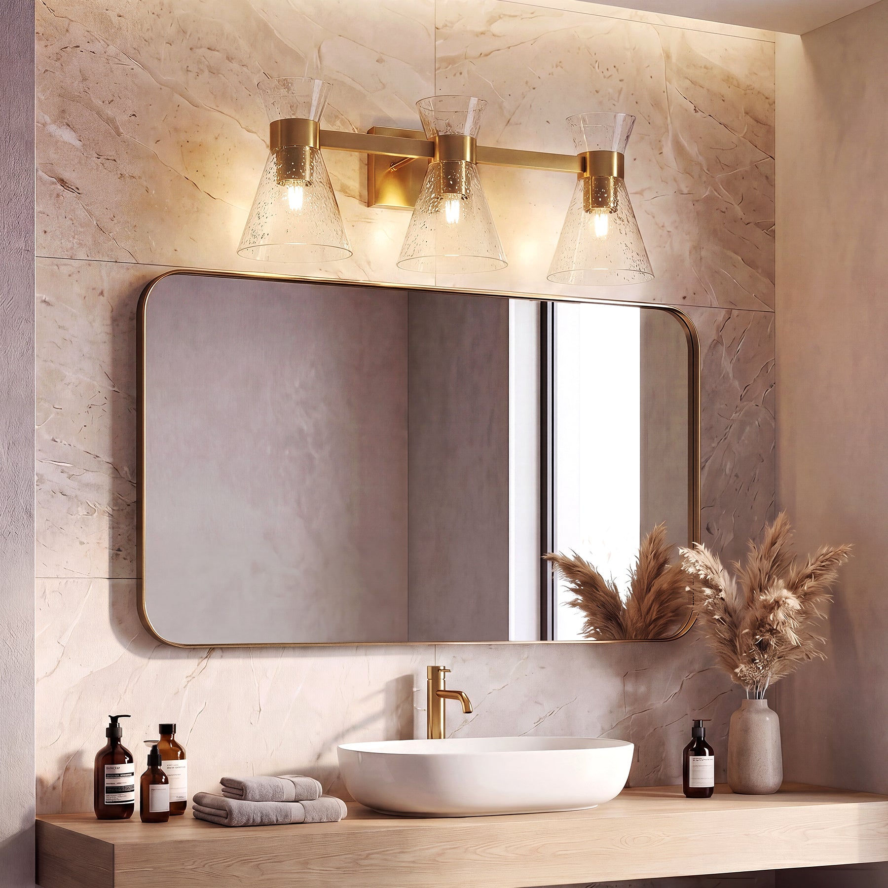 3-Light Bathroom Vanity Light, Seeded Glass Wall Light Fixtures Damp-Rated