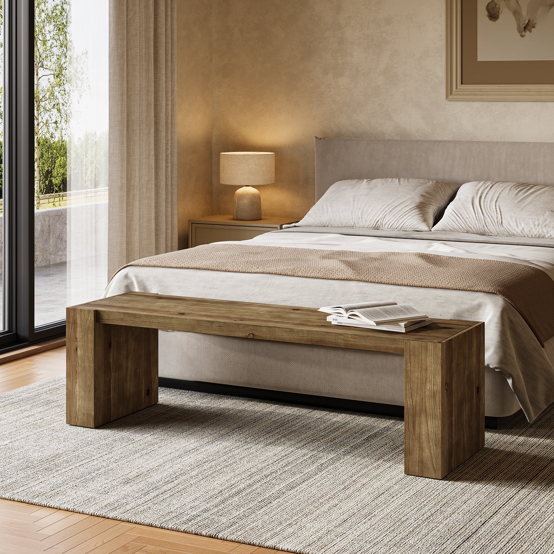 59" Entryway Bench, Solid Wood Bench Seat TV Stand with Sturdy Frame