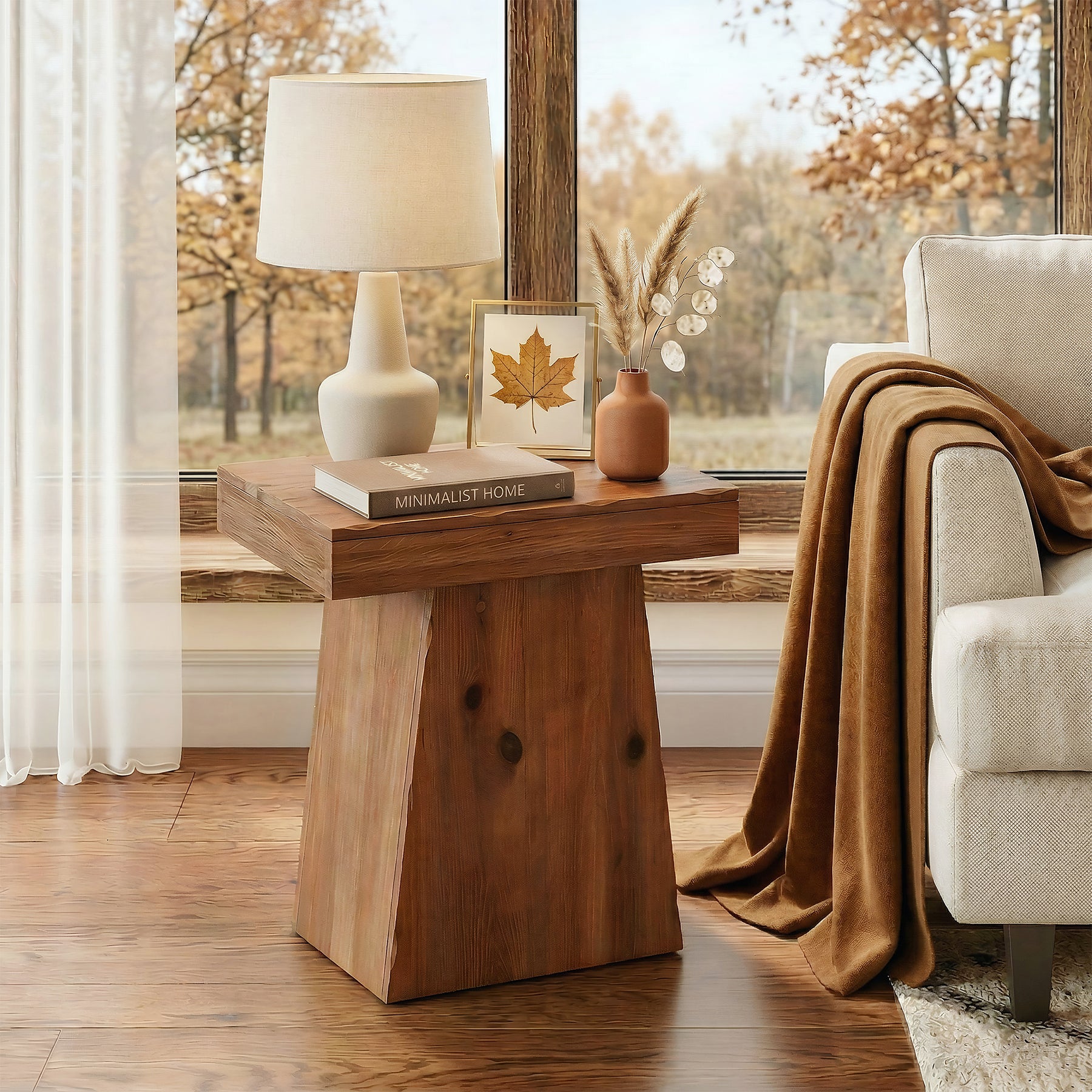 23.6-Inch Solid Wood End Table with Trapezoid Base, Small Walnut Side Taable for Living Room