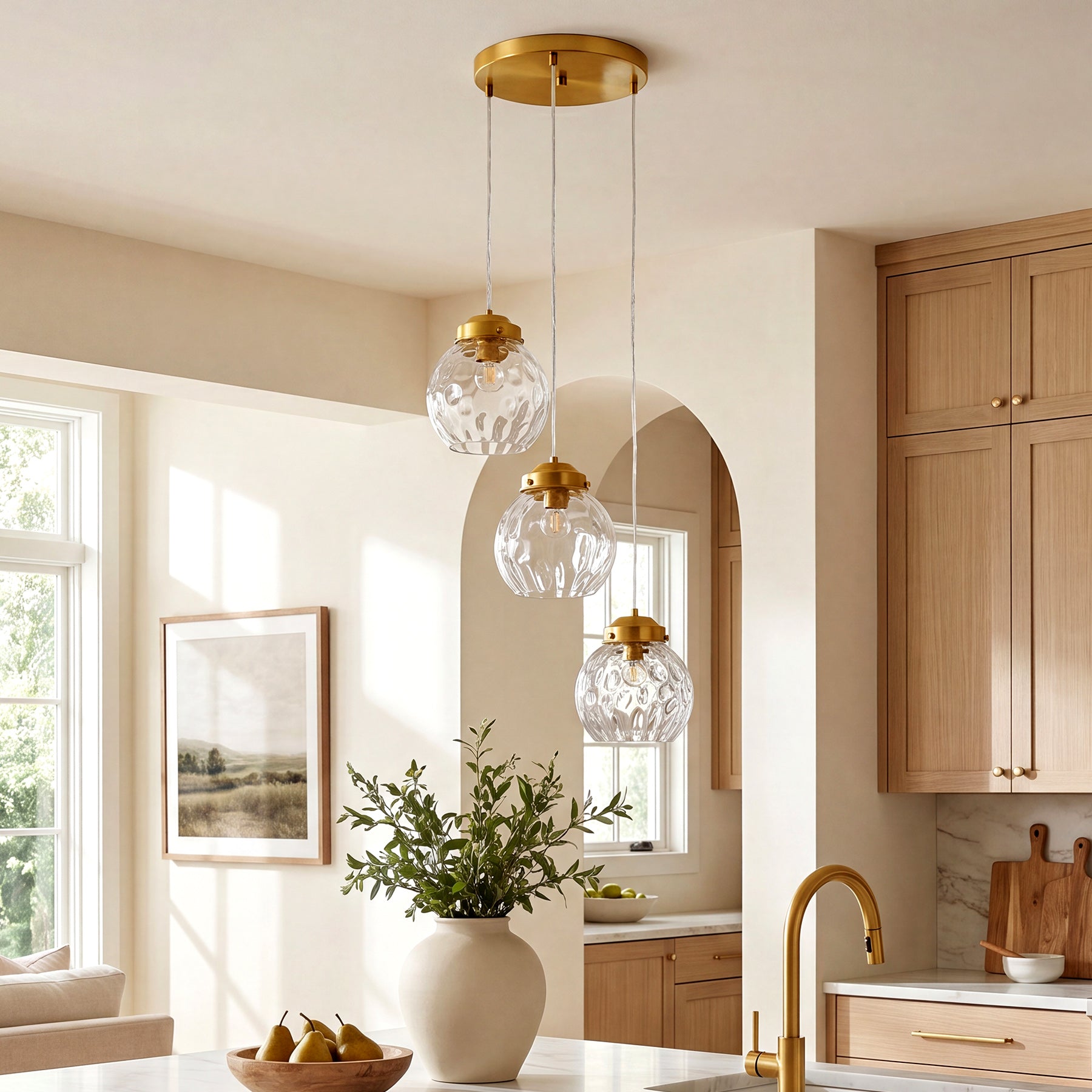 3-Light Pendant Lighting Fixtures with Adjustable Hanging Cords, Hammered Glass Globe Shades