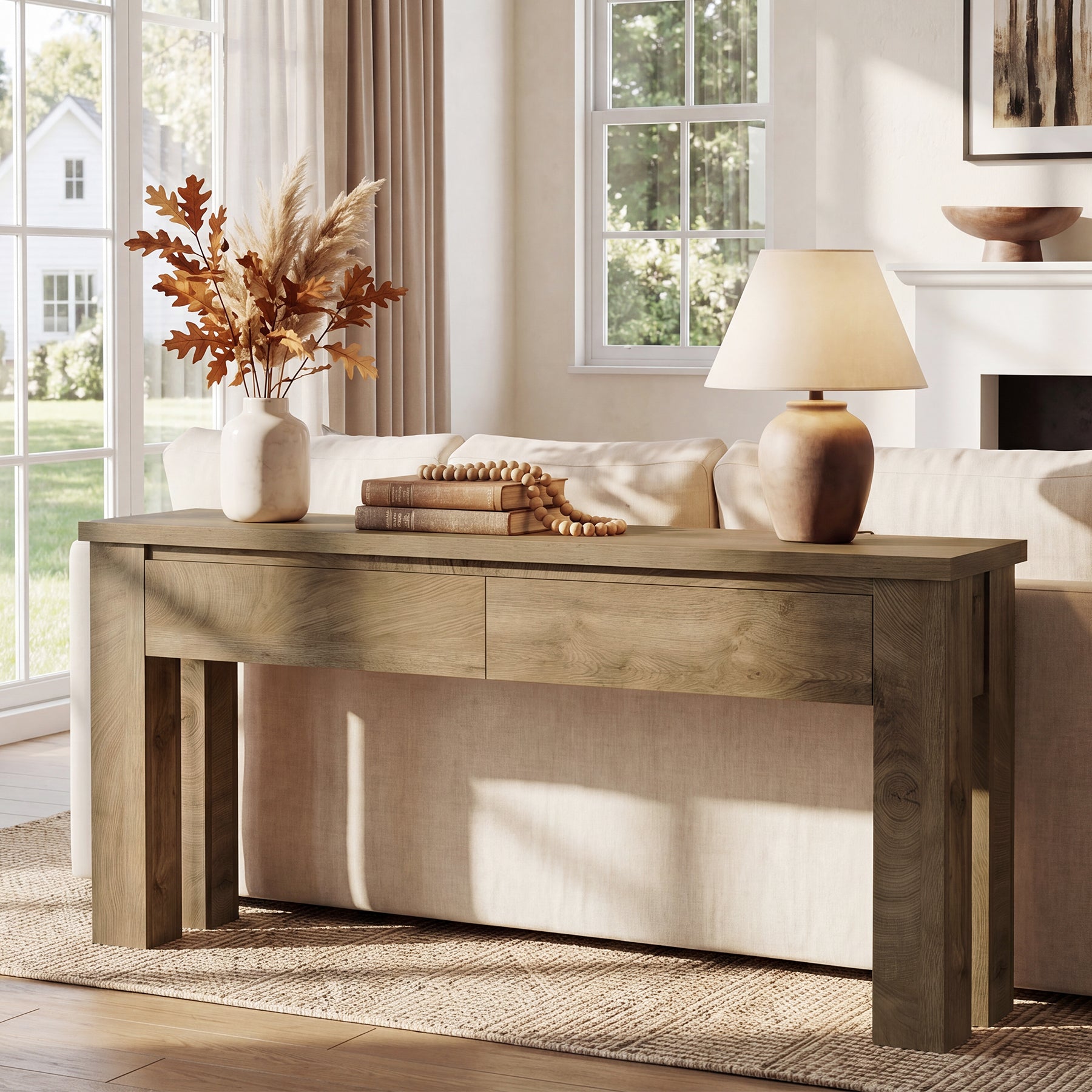 63" Console Table with 2 Drawers, Farmhouse Entryway Sofa Table Behind Couch