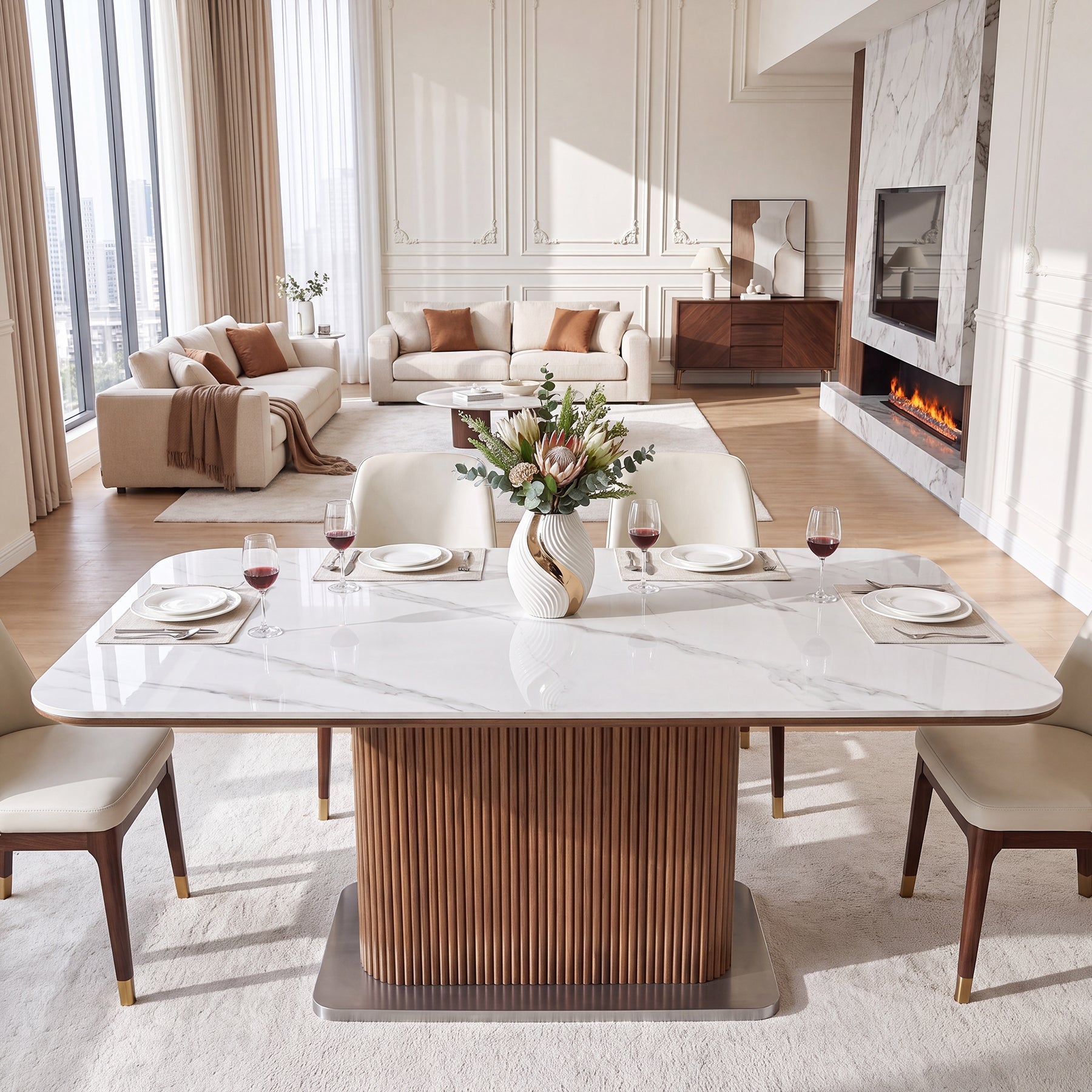 63" Sintered Stone Dining Table, Rectangle Kitchen Table with Solid Wood Fluted Base for 4-6