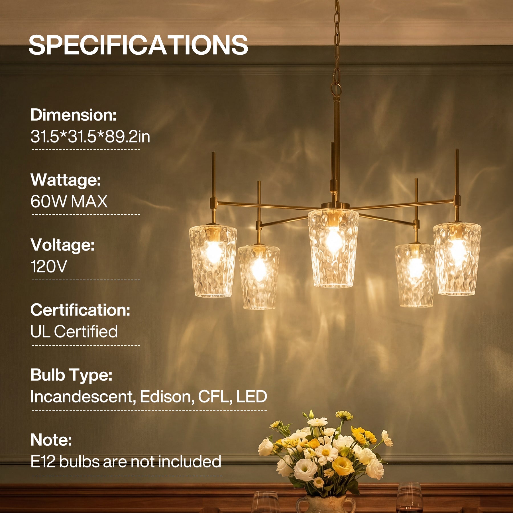 5-Light Chandelier, Modern Pendant Light with Water Ripple Wine Glass Shades