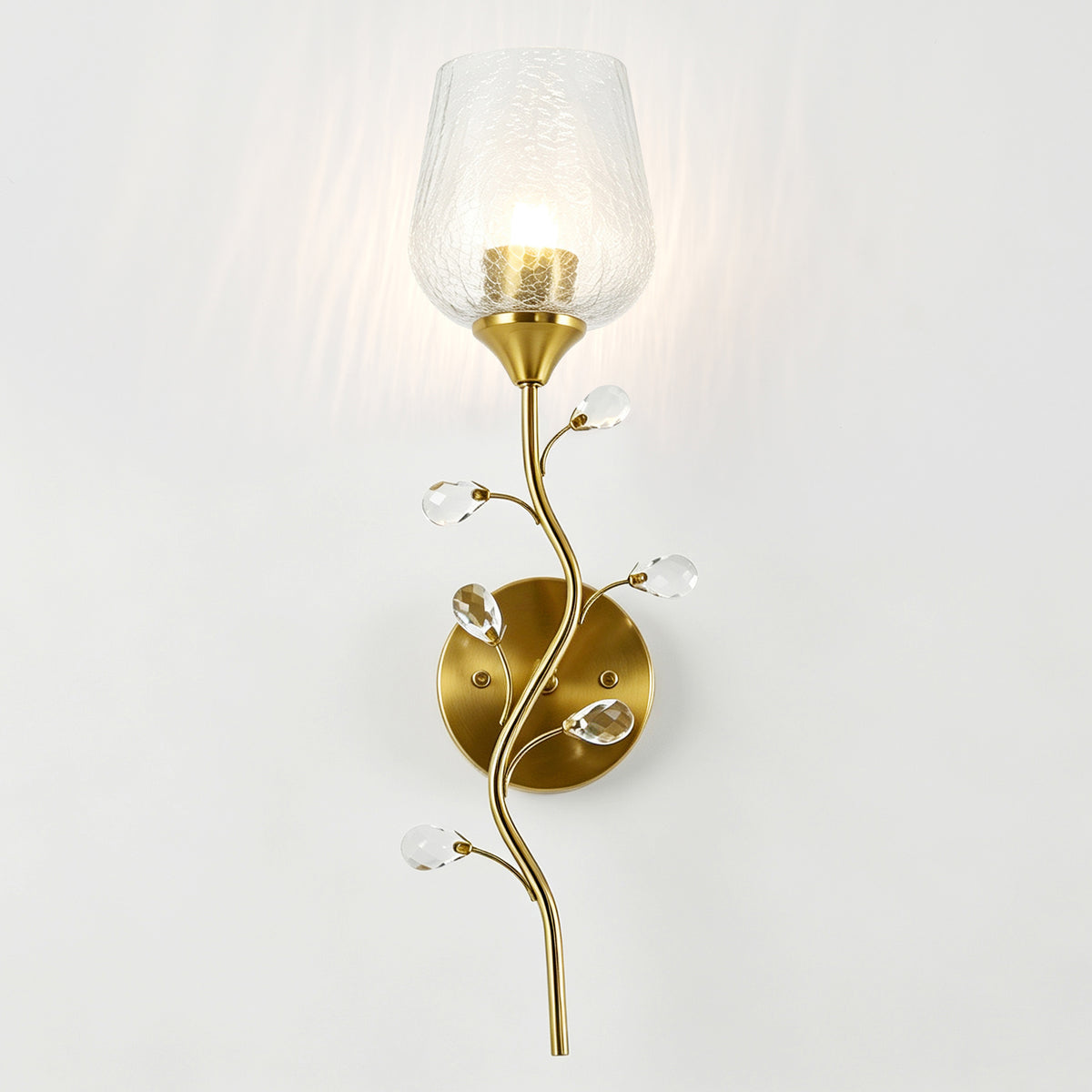 20" Gold Floral Wall Sconce, Crystal Wall Light with Crackle Glass Shade