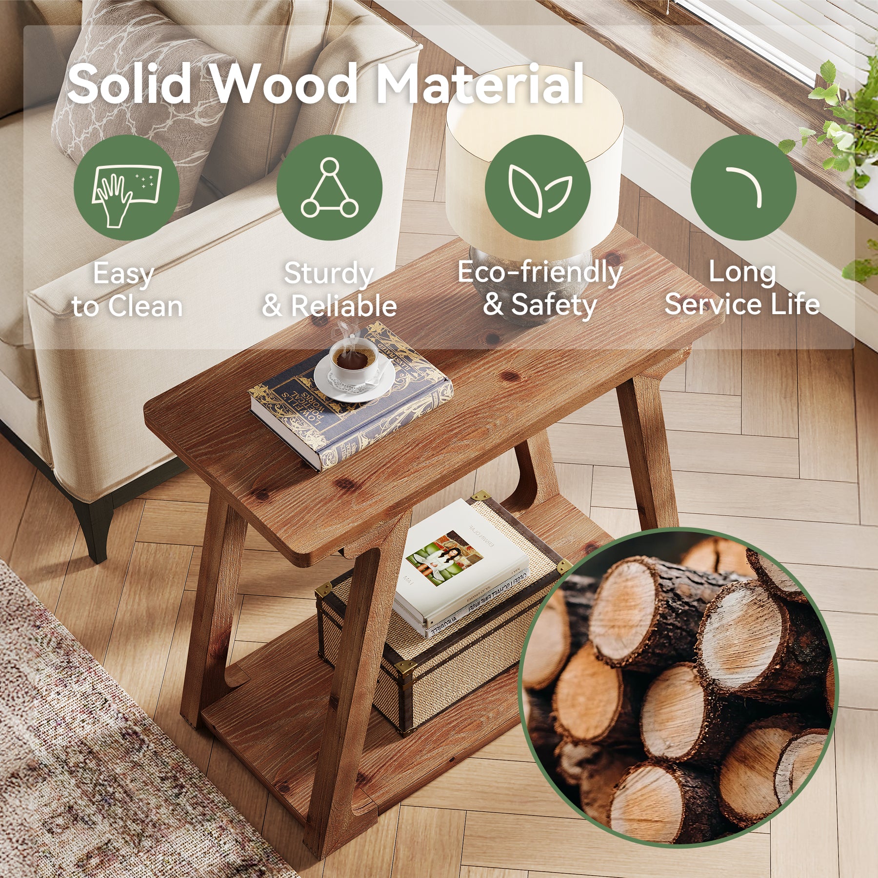 Solid Wood End Table, Narrow Side Table Nightstand with 2-Tier Storage